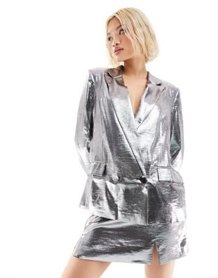 Серебристый удлиненный двубортный пиджак ASOS DESIGN