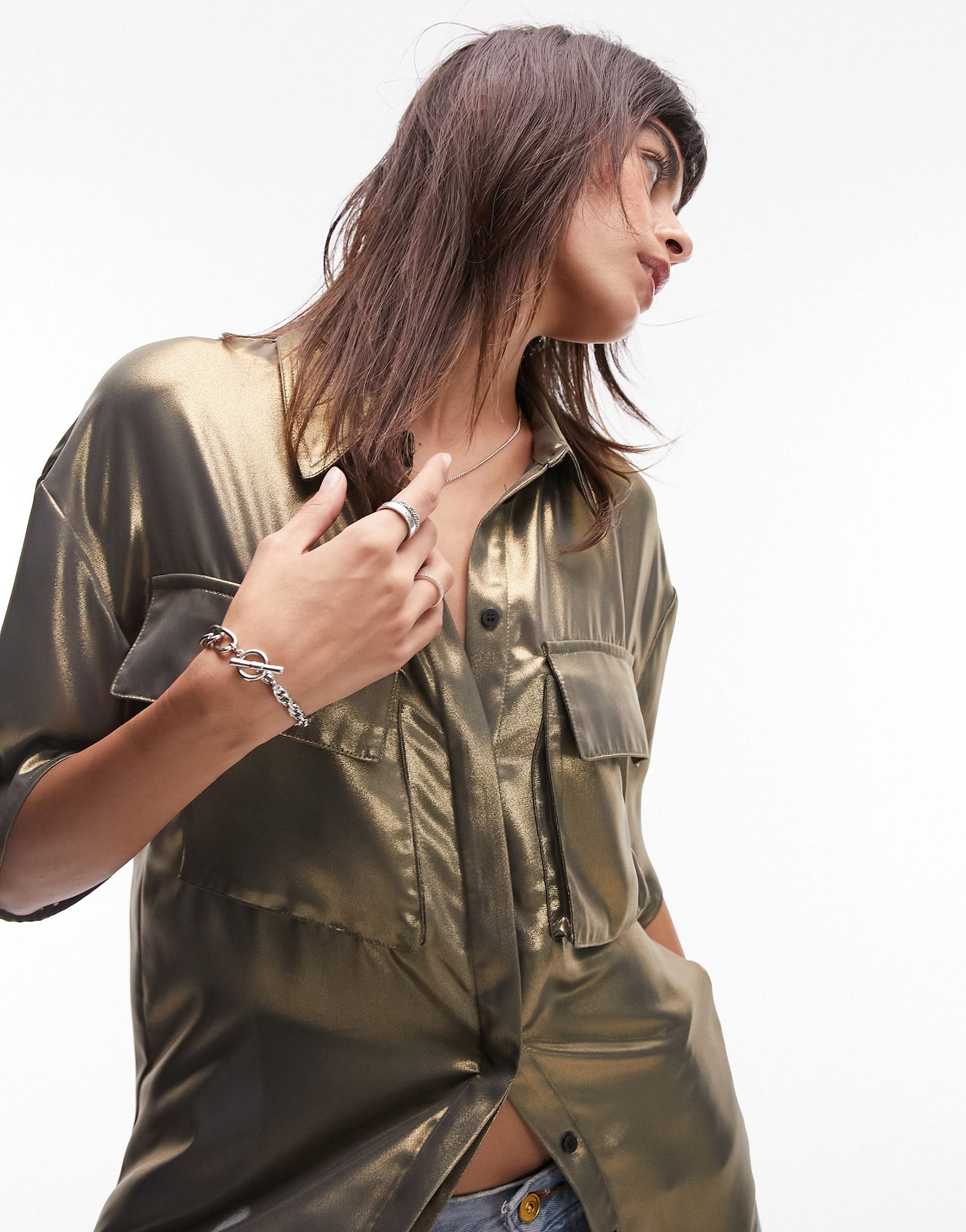 Золотая рубашка с эффектом металлик Topshop 7090₽