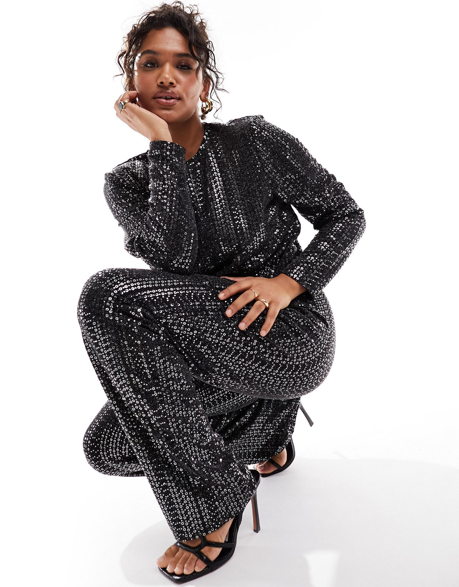 Черные брюки с завышенной талией с пайетками Pieces Curve часть комплекта 10290₽