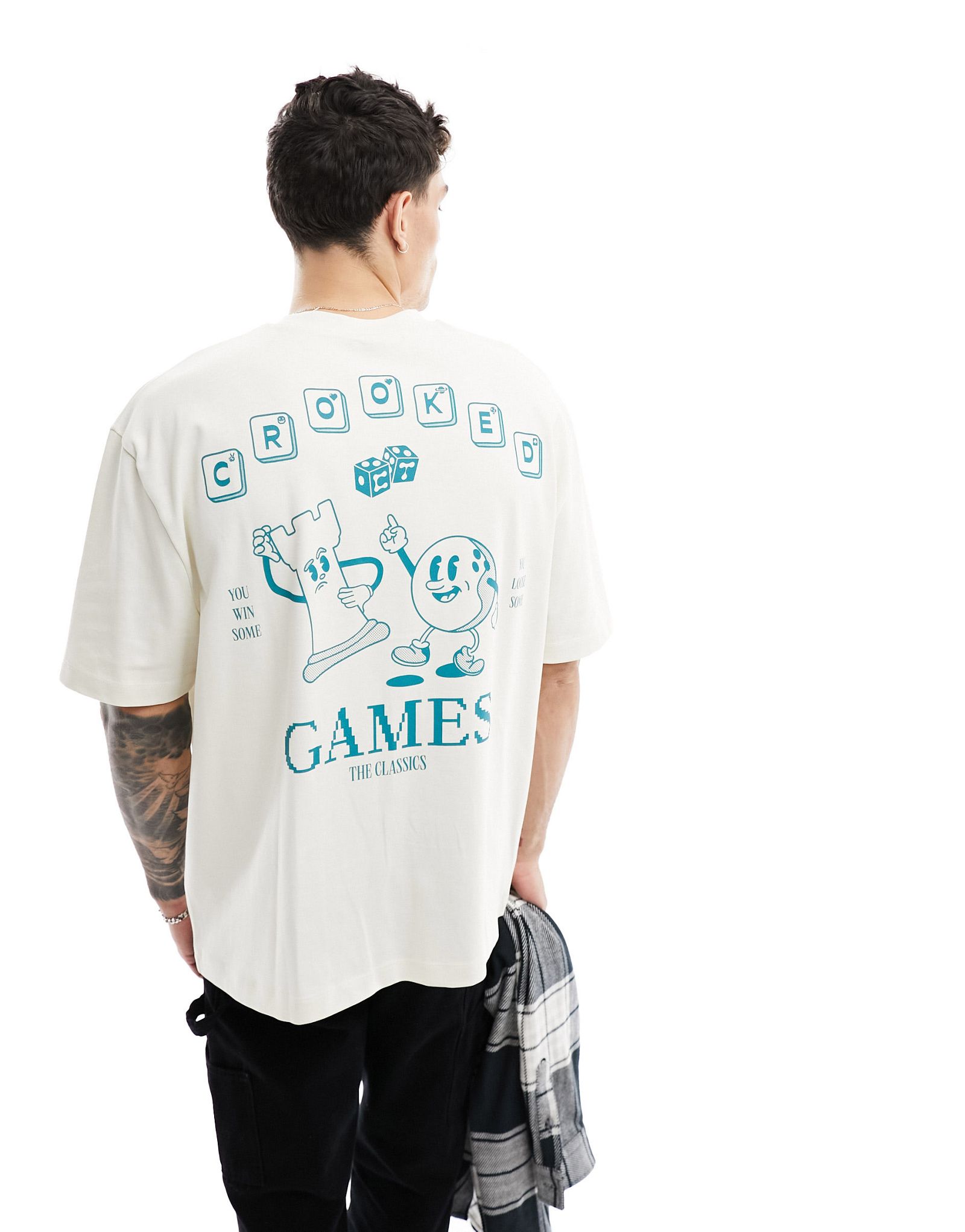 Бежевая футболка оверсайз премиум-класса с мультяшным принтом на спине ASOS Crooked Tongues 5090₽