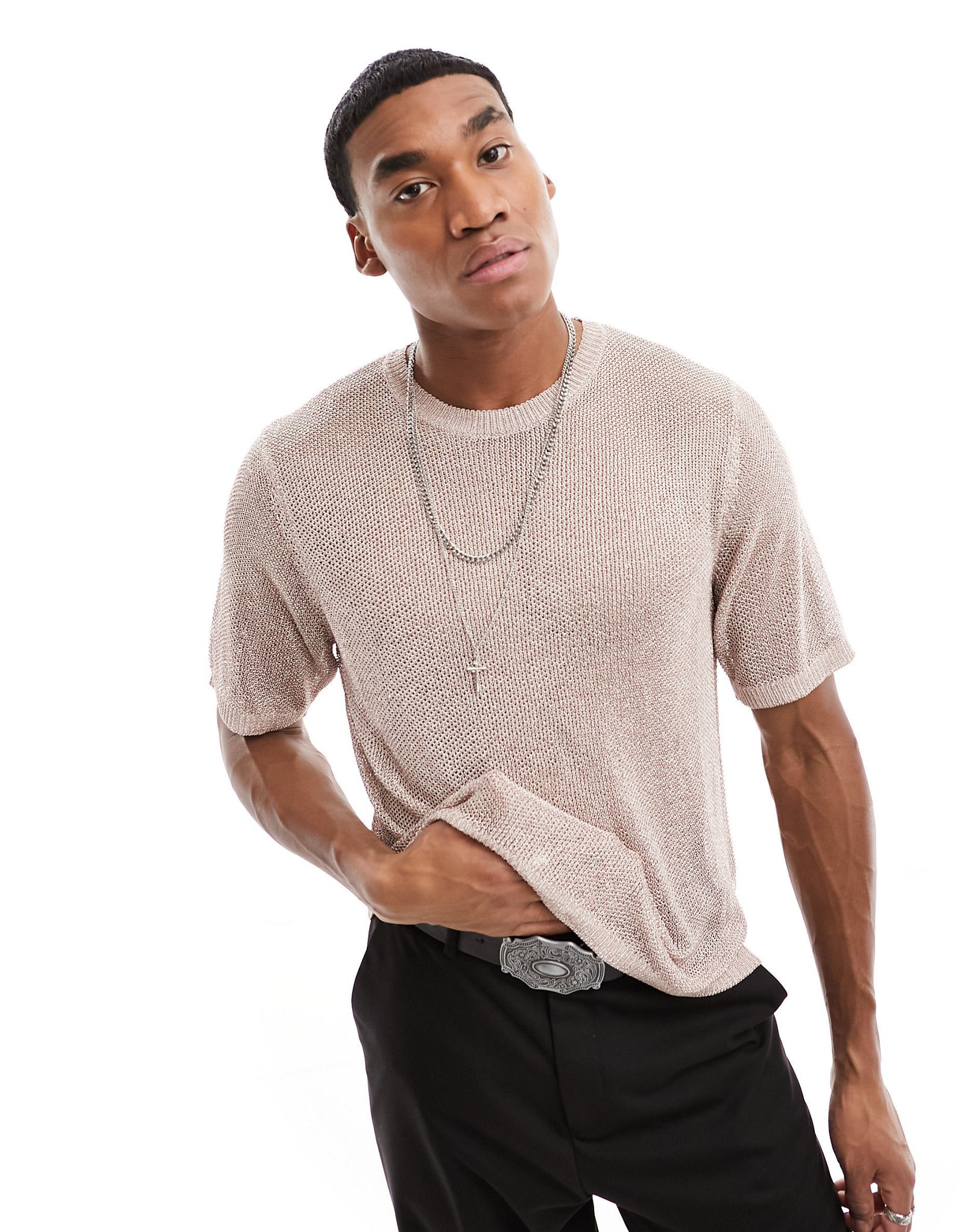 Серебристая трикотажная футболка с металлизированной сеткой ASOS DESIGN 3190₽