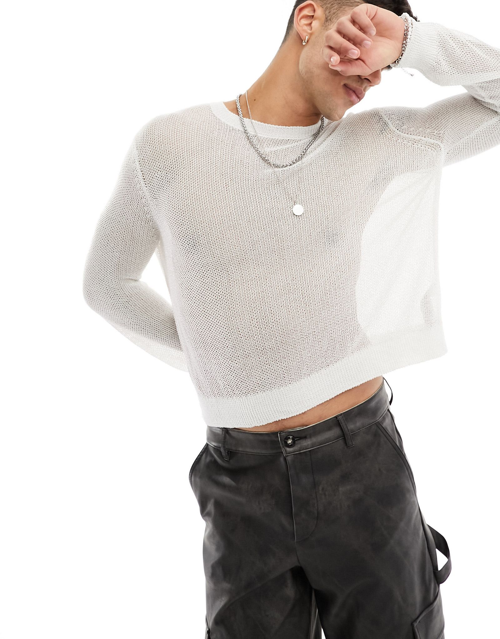 Белый вязаный свитер с длинными рукавами из металлизированной сетки ASOS DESIGN