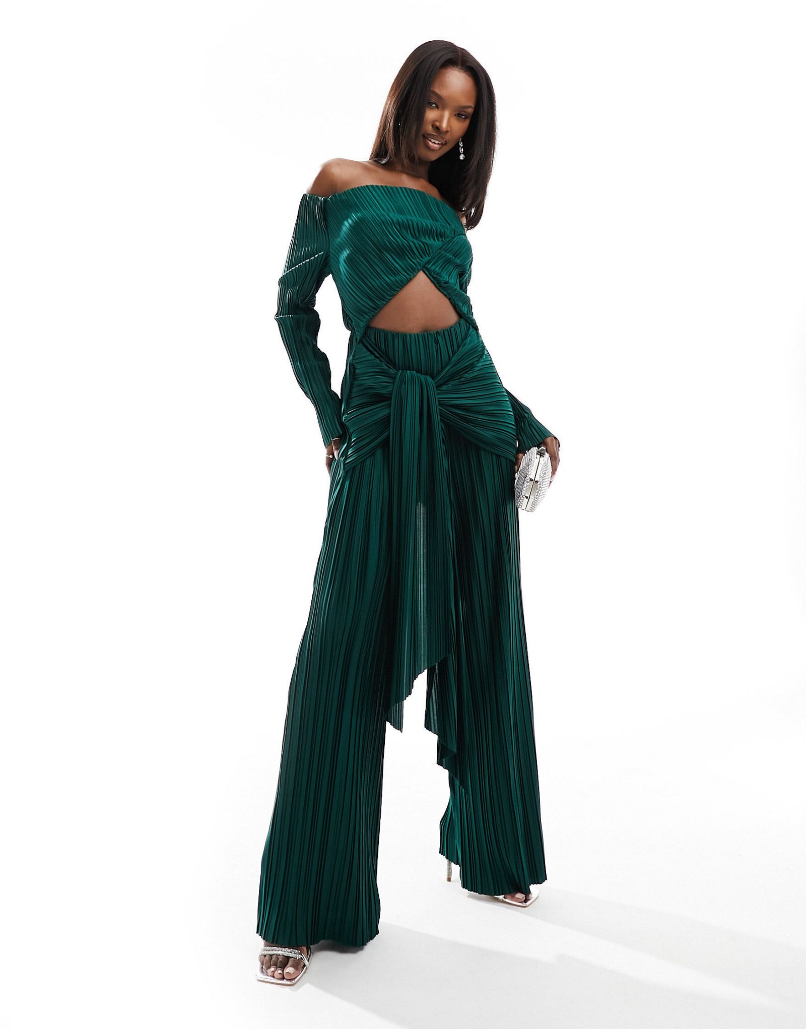 Плиссированный комбинезон с широкими штанинами и широкими штанинами ASOS DESIGN бутылочно-зеленого цвета 10690₽
