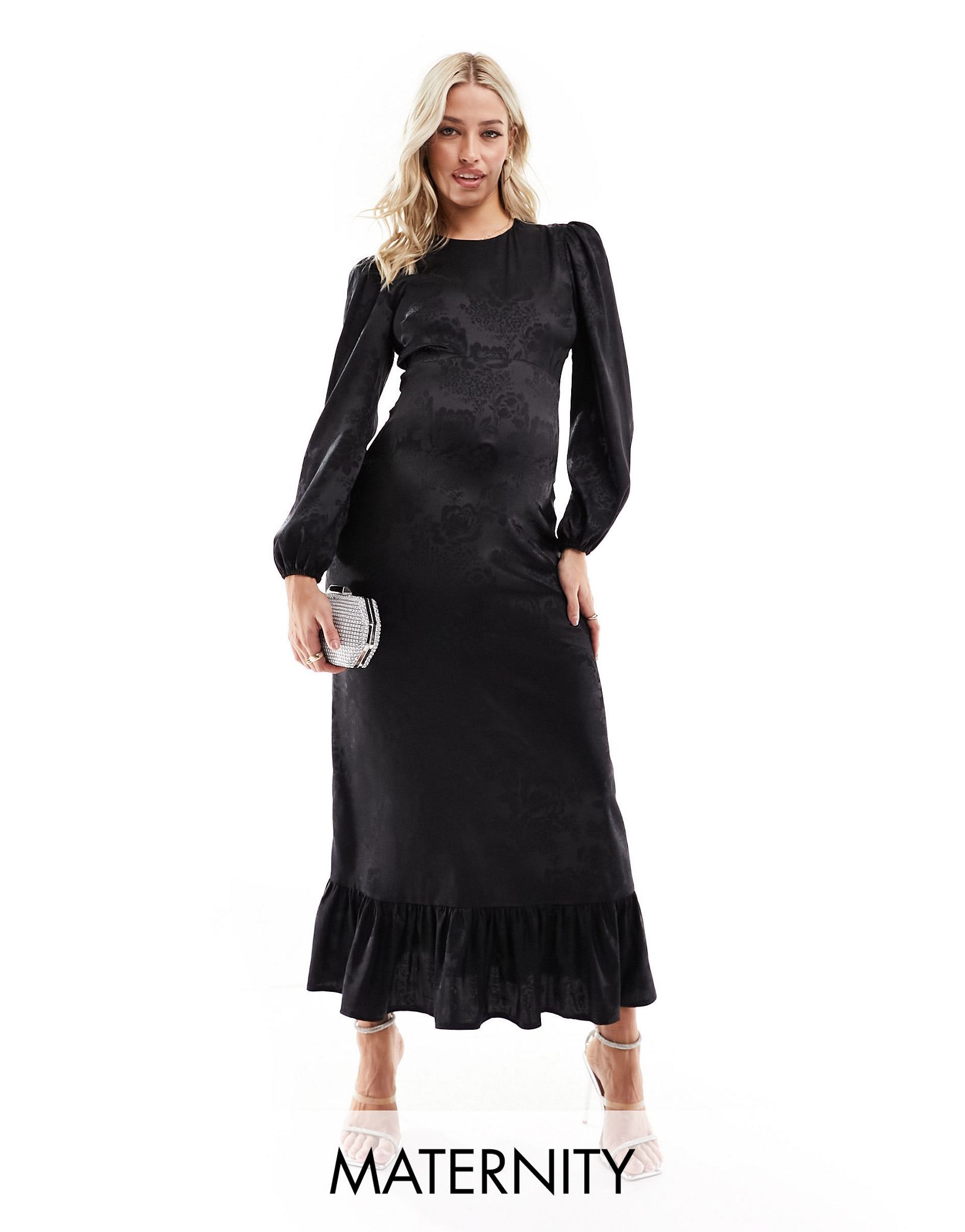 Черное атласное платье макси Flounce London Maternity