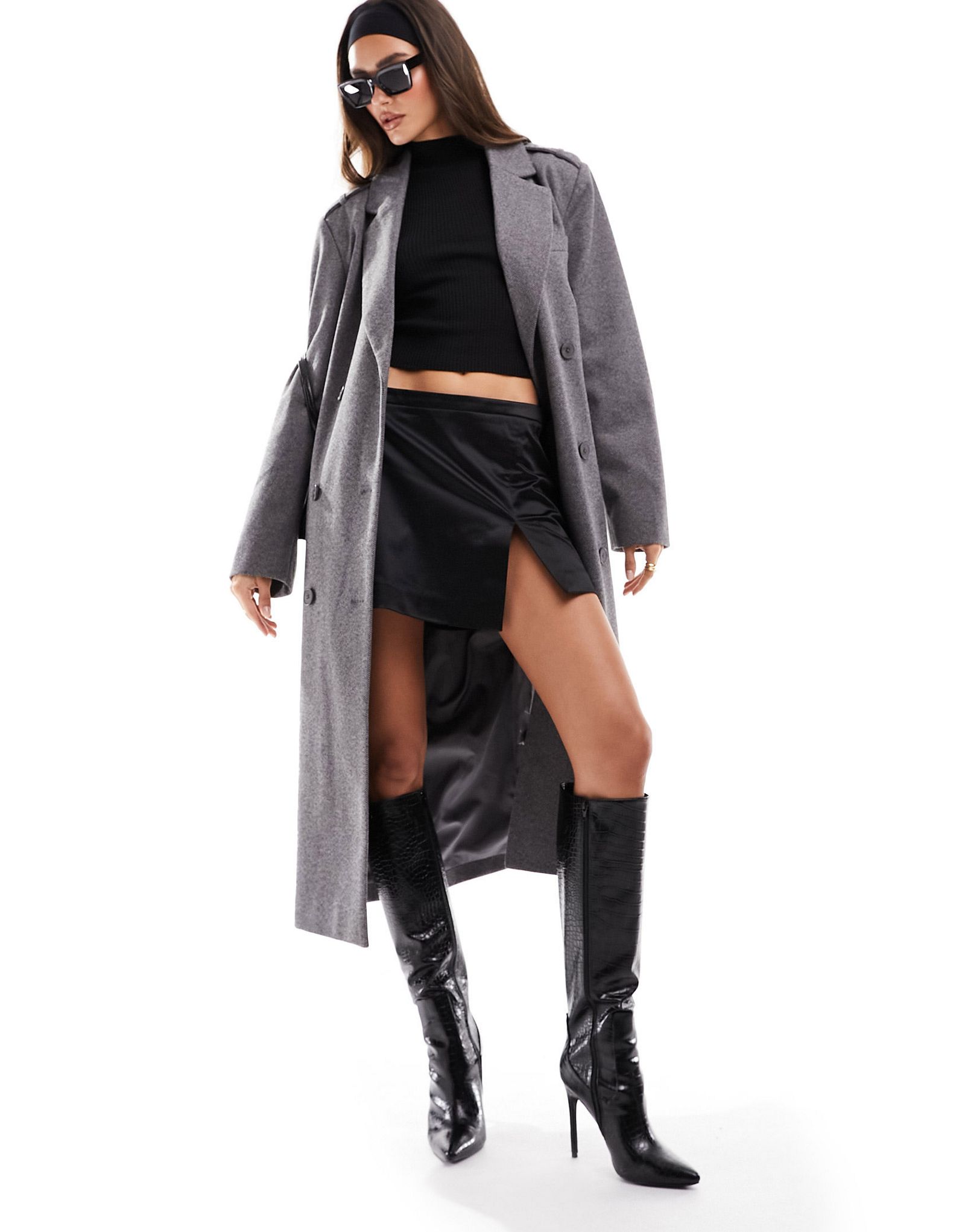 Серый тренч макси с узором елочка NA-KD 8090₽