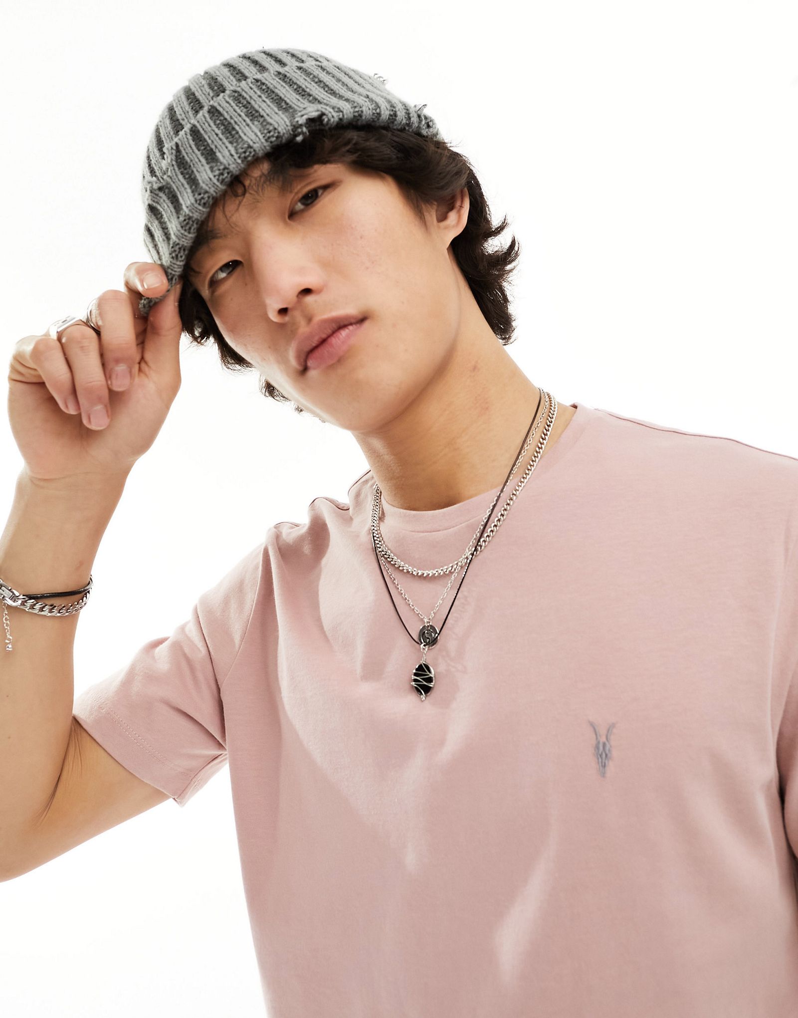 Футболка из матового хлопка AllSaints Brace пастельно-розового цвета