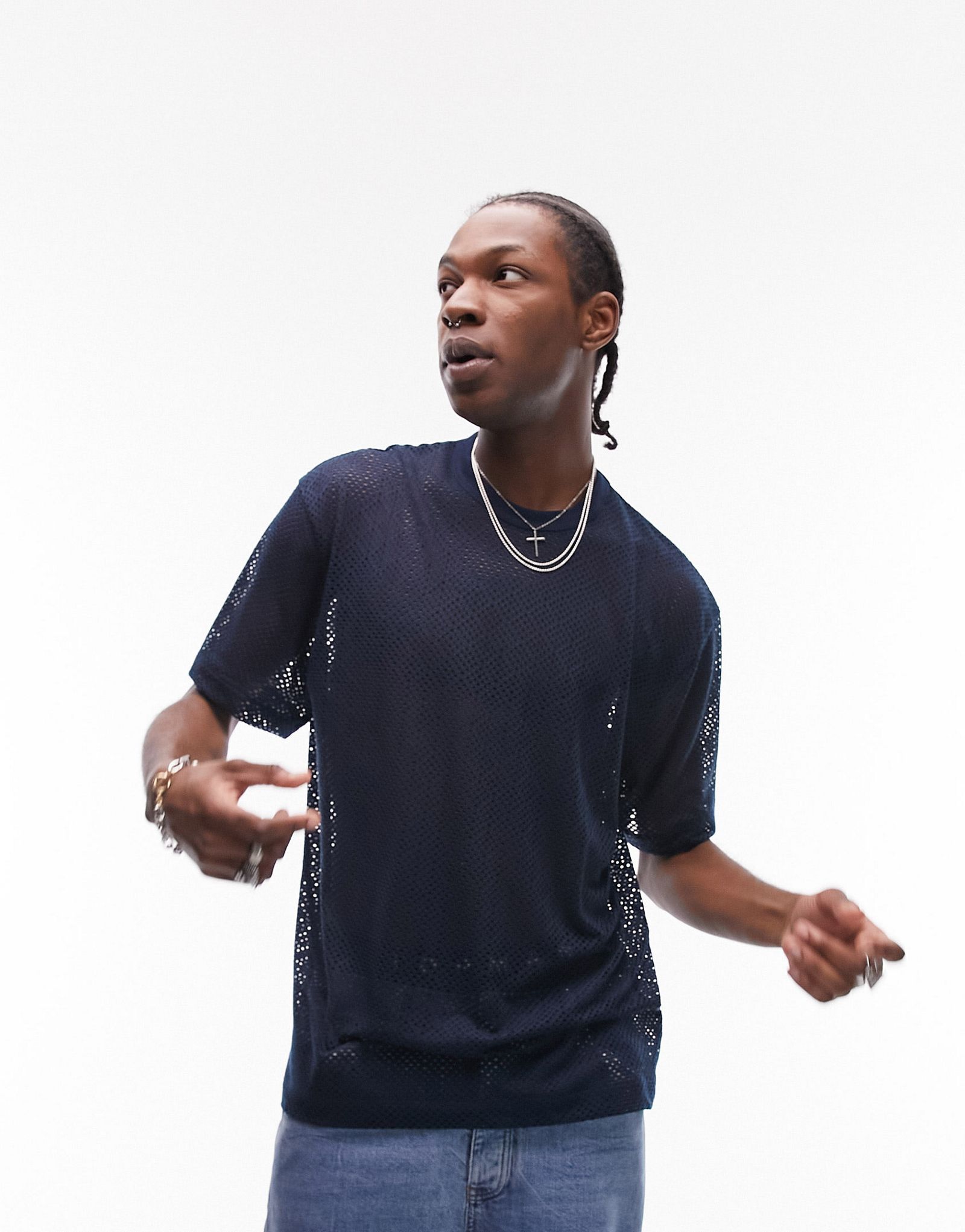 Синяя футболка оверсайз с ромбовидной сеткой Topman 2890₽