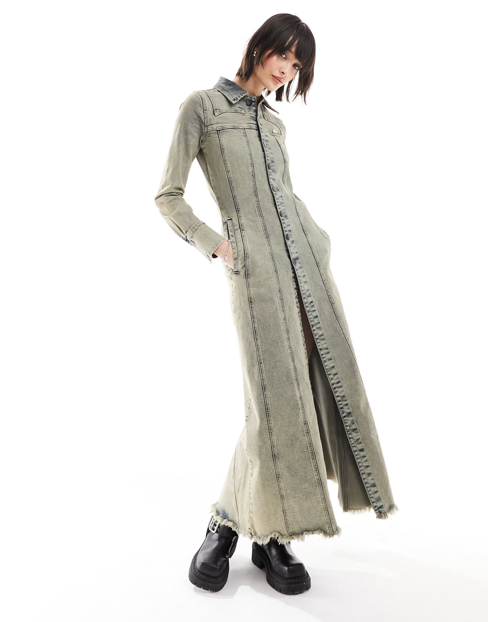 Синее платье-рубашка из денима с эффектом потертости Basic Pleasure Mode