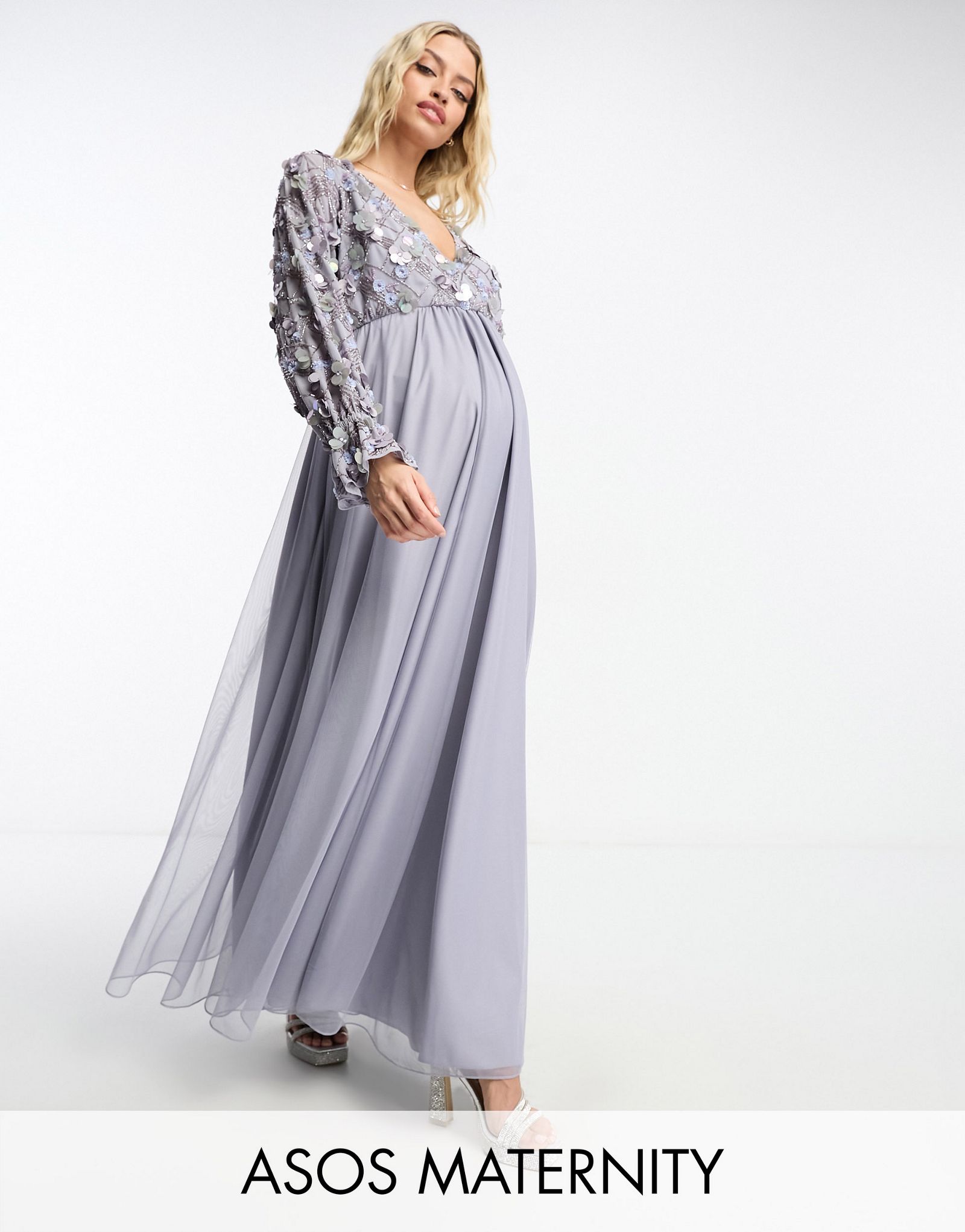 Сиреневое платье миди с тюлевой юбкой и цветочным декором ASOS DESIGN Maternity