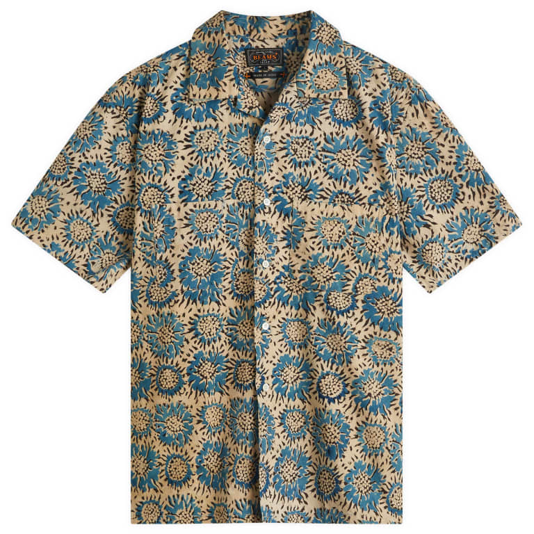Beams Plus Open Collar Block Print Sunflower Shirt