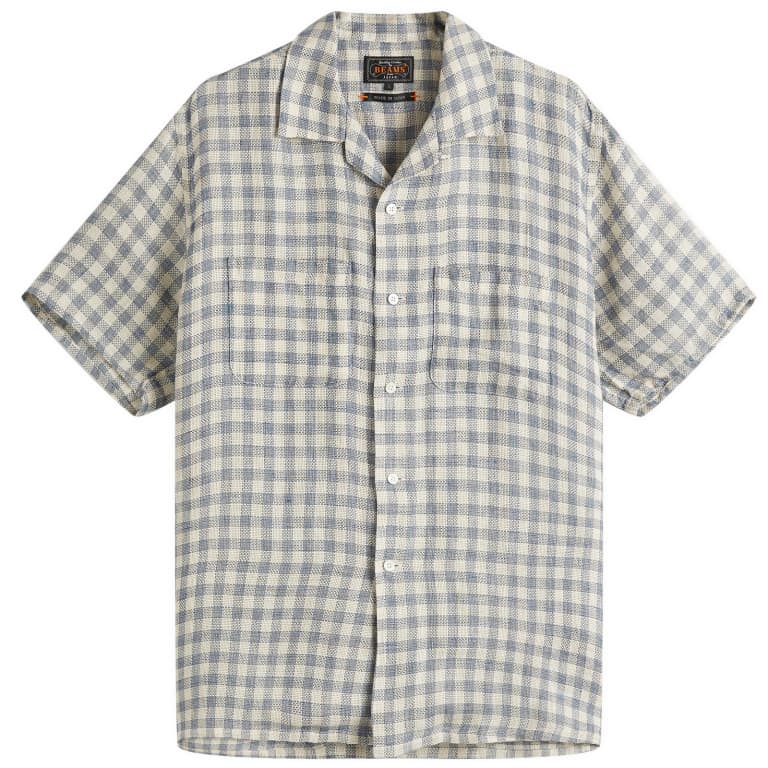 Beams Plus Open Collar Panama Plaid Linen Shirt
