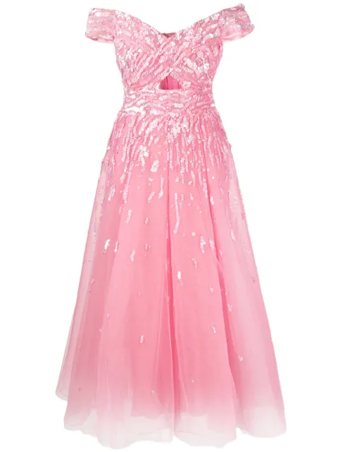 Платье Zuhair Murad с открытыми плечами, украшенное орнаментом pink