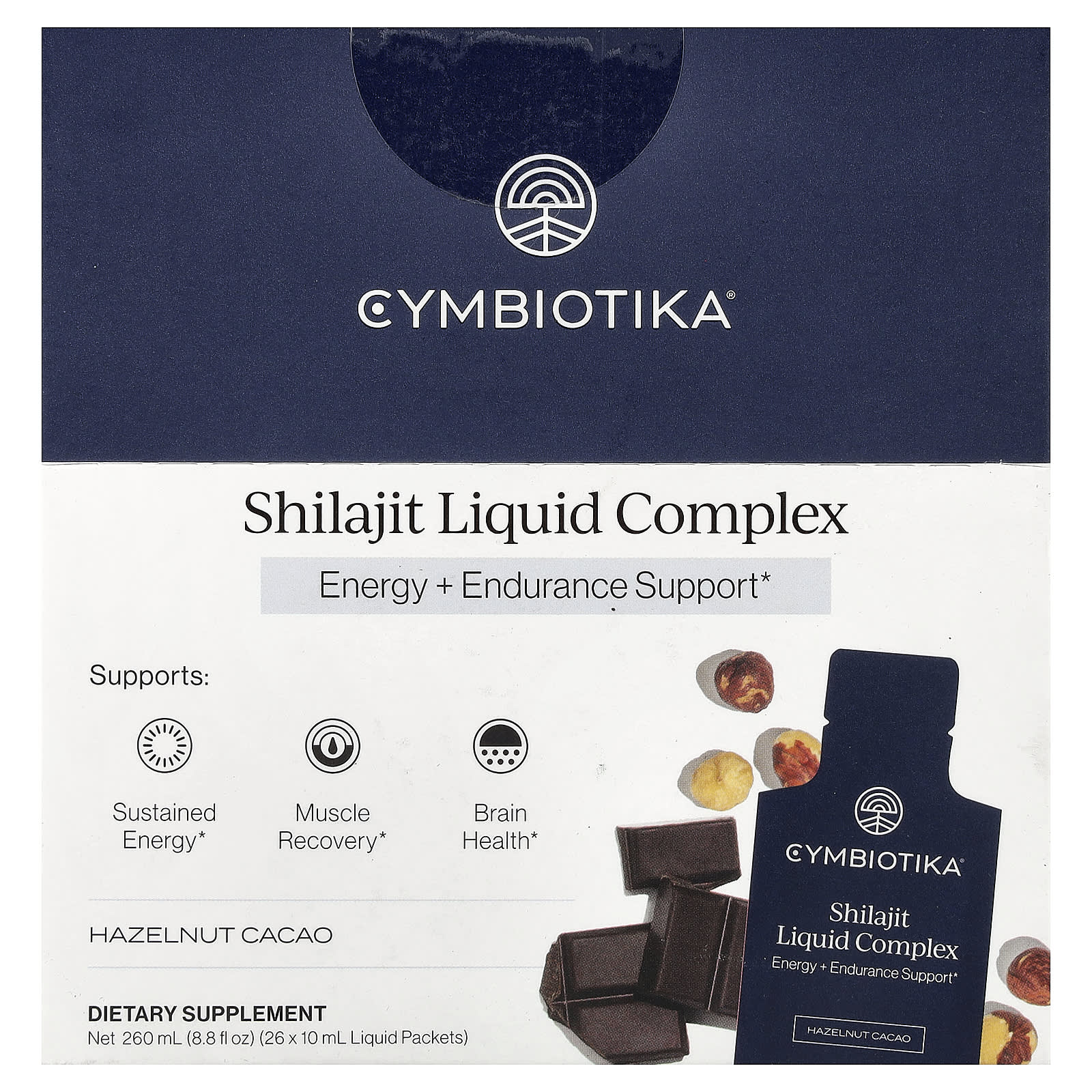 Cymbiotika, жидкий комплекс с мумие, фундук и какао, 26 пакетиков в жидкой форме, по 10 мл (0,3 жидк. унции)