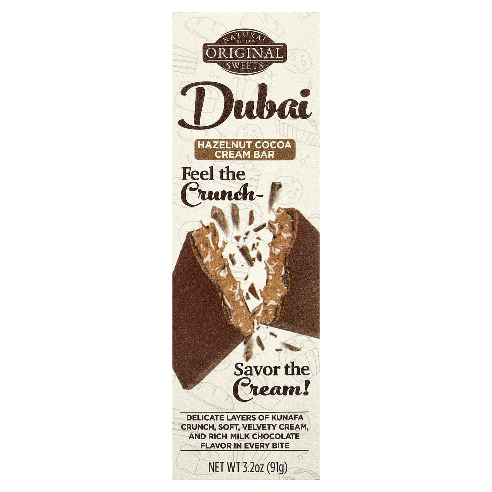Original Natural Sweets, дубайский батончик с фундуком, какао-кремом, 91 г (3,2 унции)
