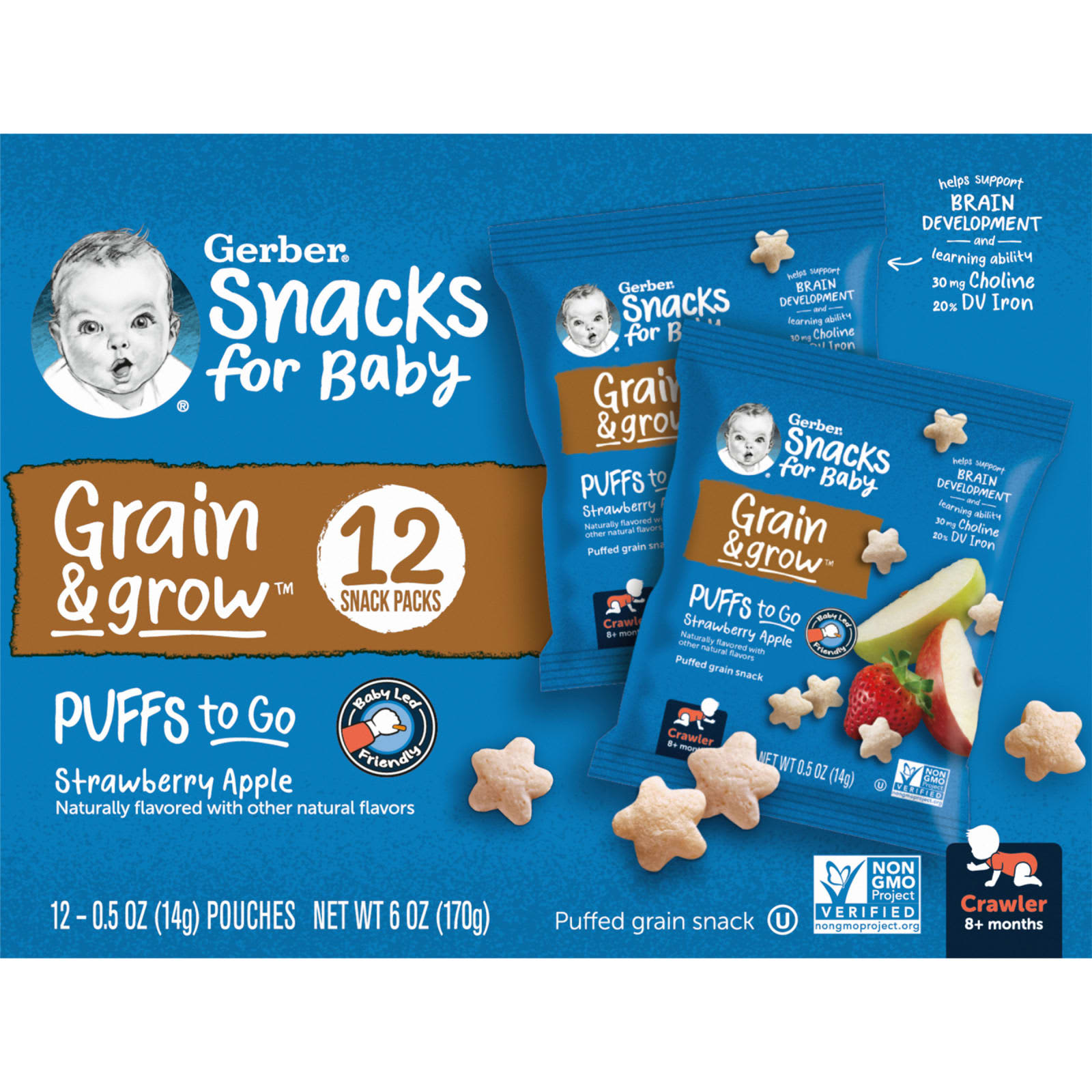 Gerber Snacks for Baby Grain - Grow Puffs to Go для детей от 8 месяцев со вкусом клубники и яблока 12 пакетиков снеков по 14 г 05 унции 3290₽