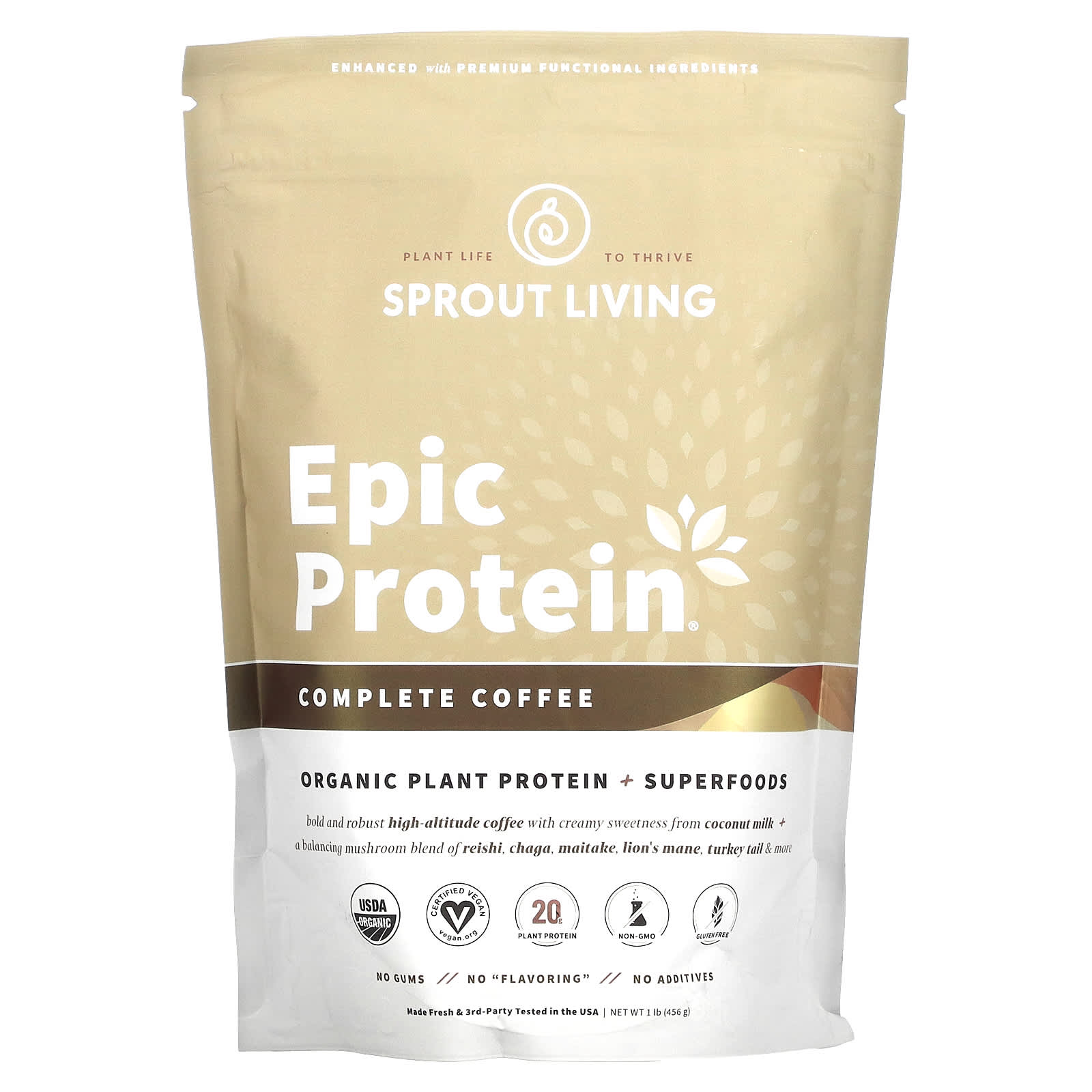 Sprout Living, Epic Protein, органический растительный протеин и суперфуды, оригинальный кофе, 494 г (1,1 фунта)