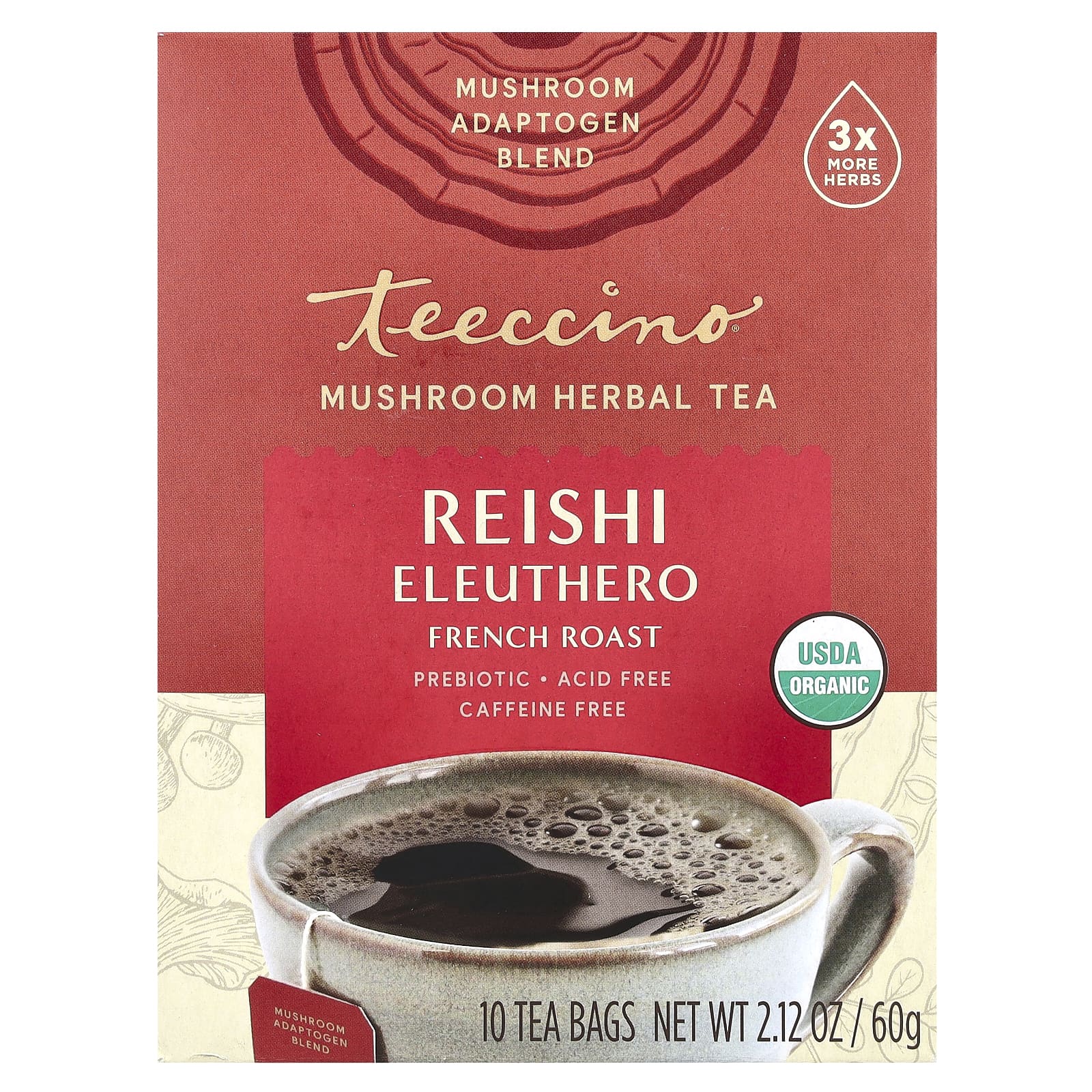 Teeccino Mushroom Herbal Tea Reishi Eleuthero French Roast Caffeine Free 10 Tea Bags 212 oz 60 g 1790₽