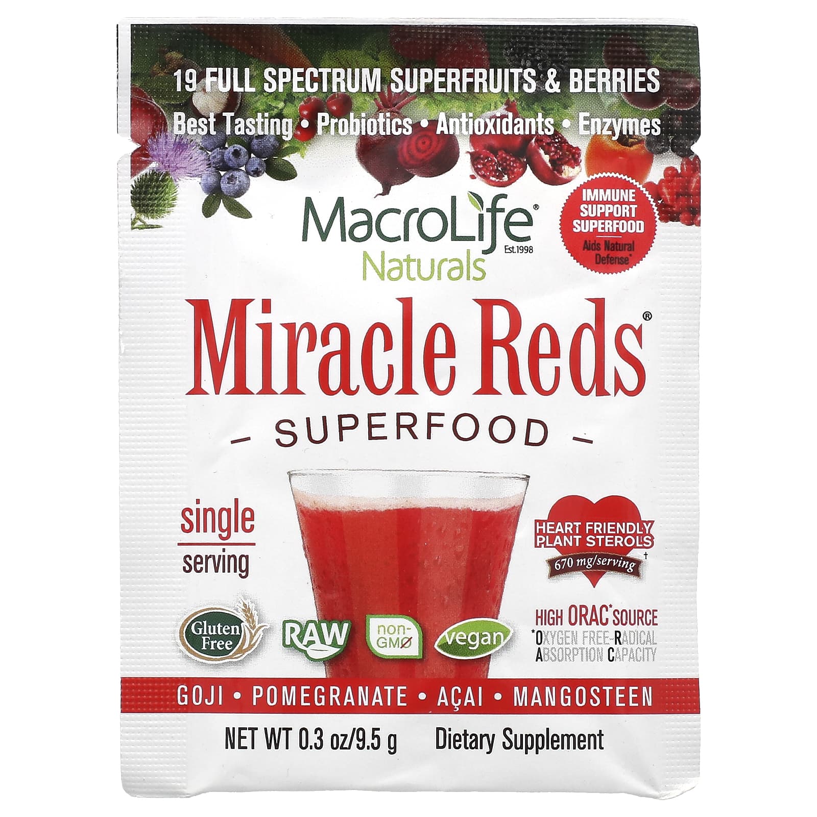 Macrolife Naturals, Miracle Reds, суперфуд, годжи, гранат, асаи, мангостан, 9,5 г (0,3 унции)