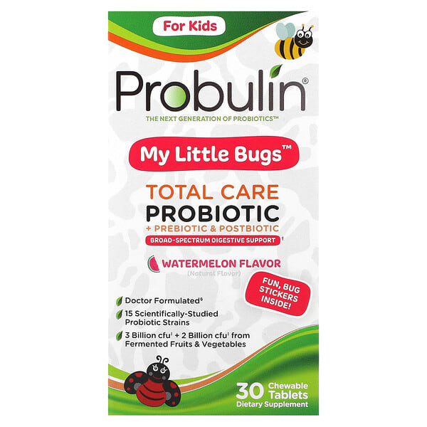 Probulin, для детей, My Little Bugs, пробиотик Total Care + пребиотик и постбиотик, арбуз, 30 жевательных таблеток