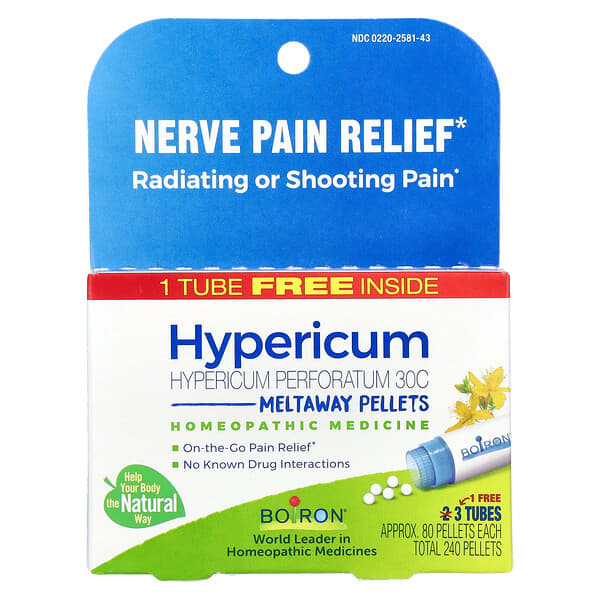 Boiron, Hypericum, средство для снятия нервной боли, гранулы Meltaway, 30C, 3 тюбика, 80 гранул в каждой