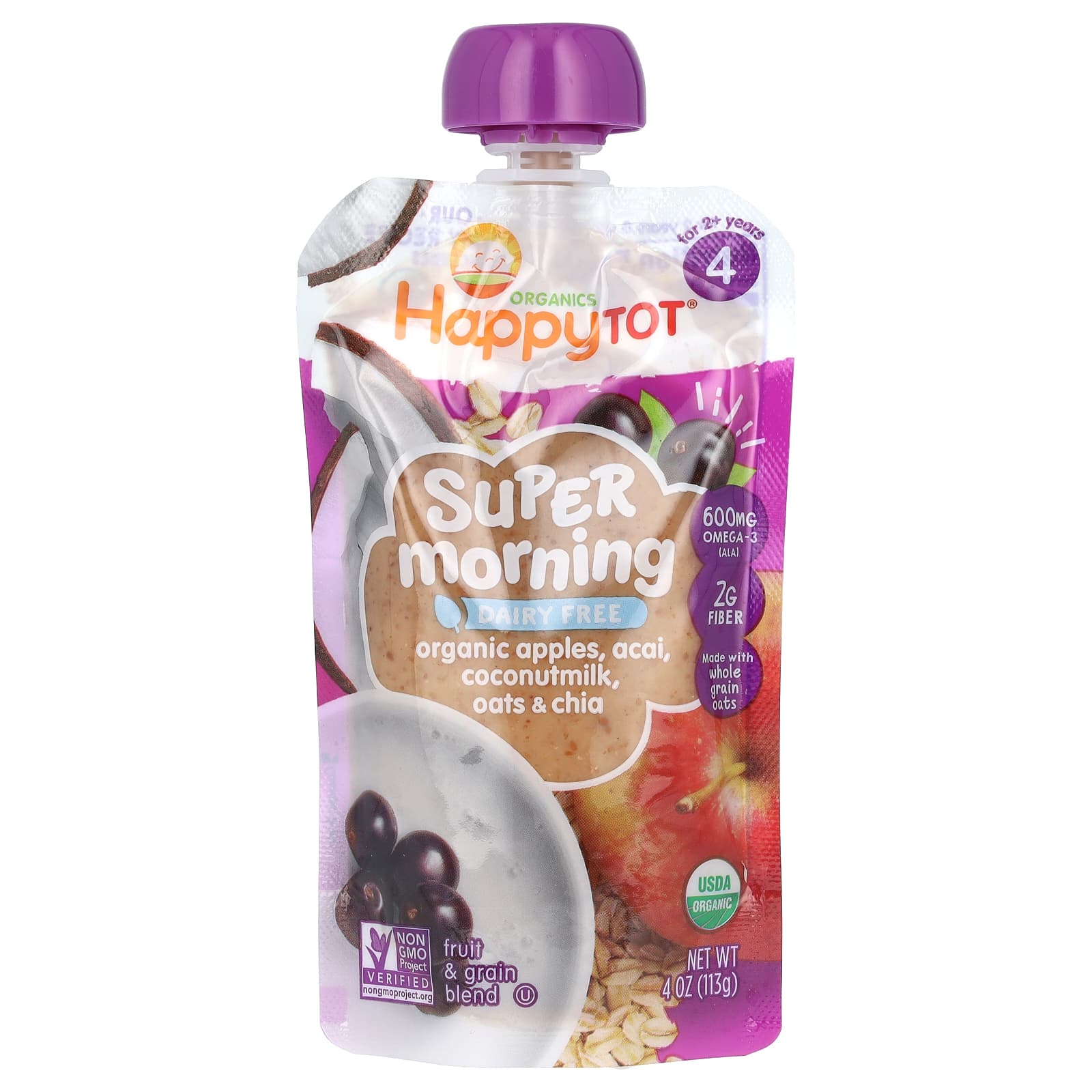 Happy Family Organics Happy Tot Super Morning без молочных продуктов для детей от 2 лет органические яблоки асаи кокосовое молоко овес и чиа 113 г 4 унции 1390₽