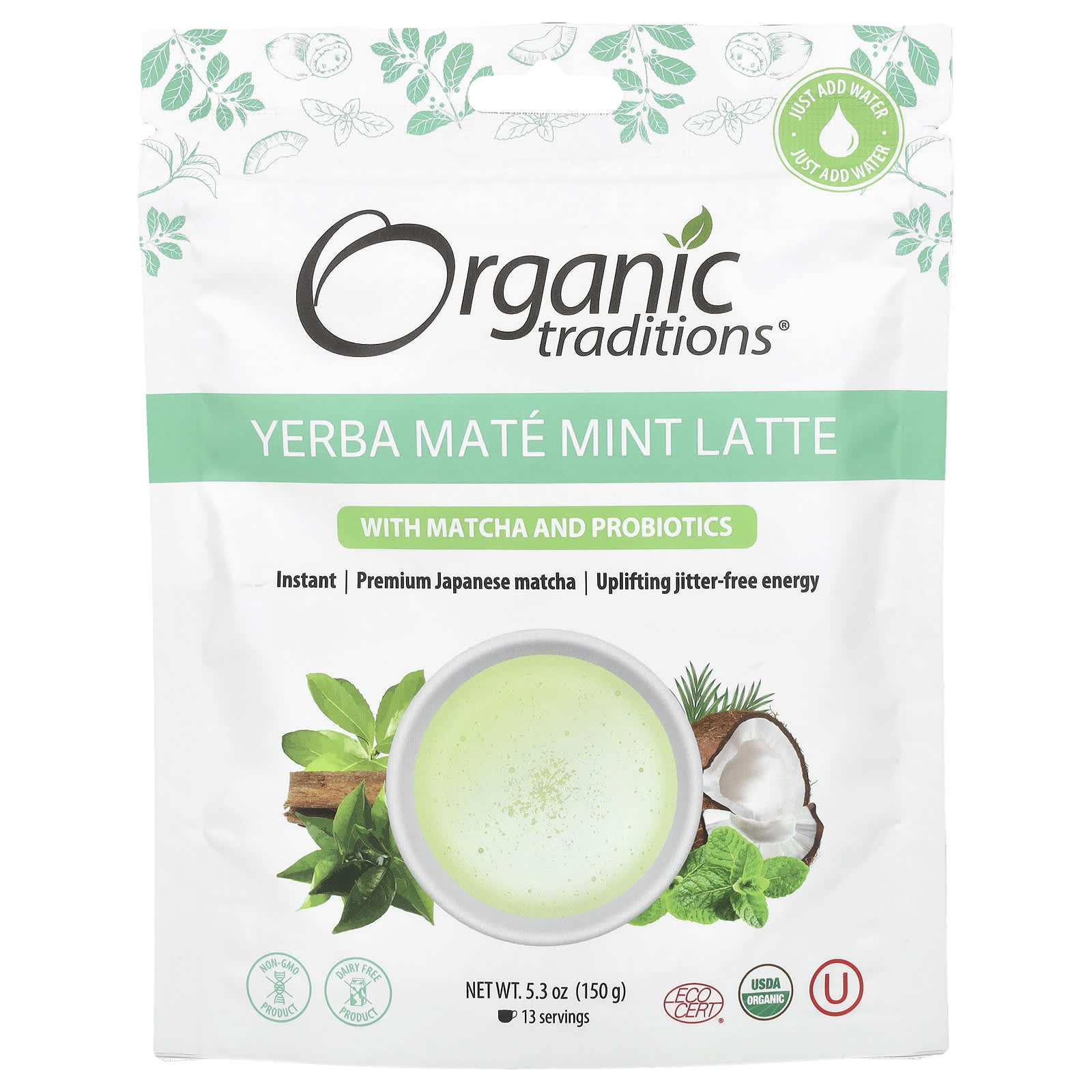 Organic Traditions Мятный латте Yerba Mate с матча и пробиотиками 150 г 53 унции 2090₽