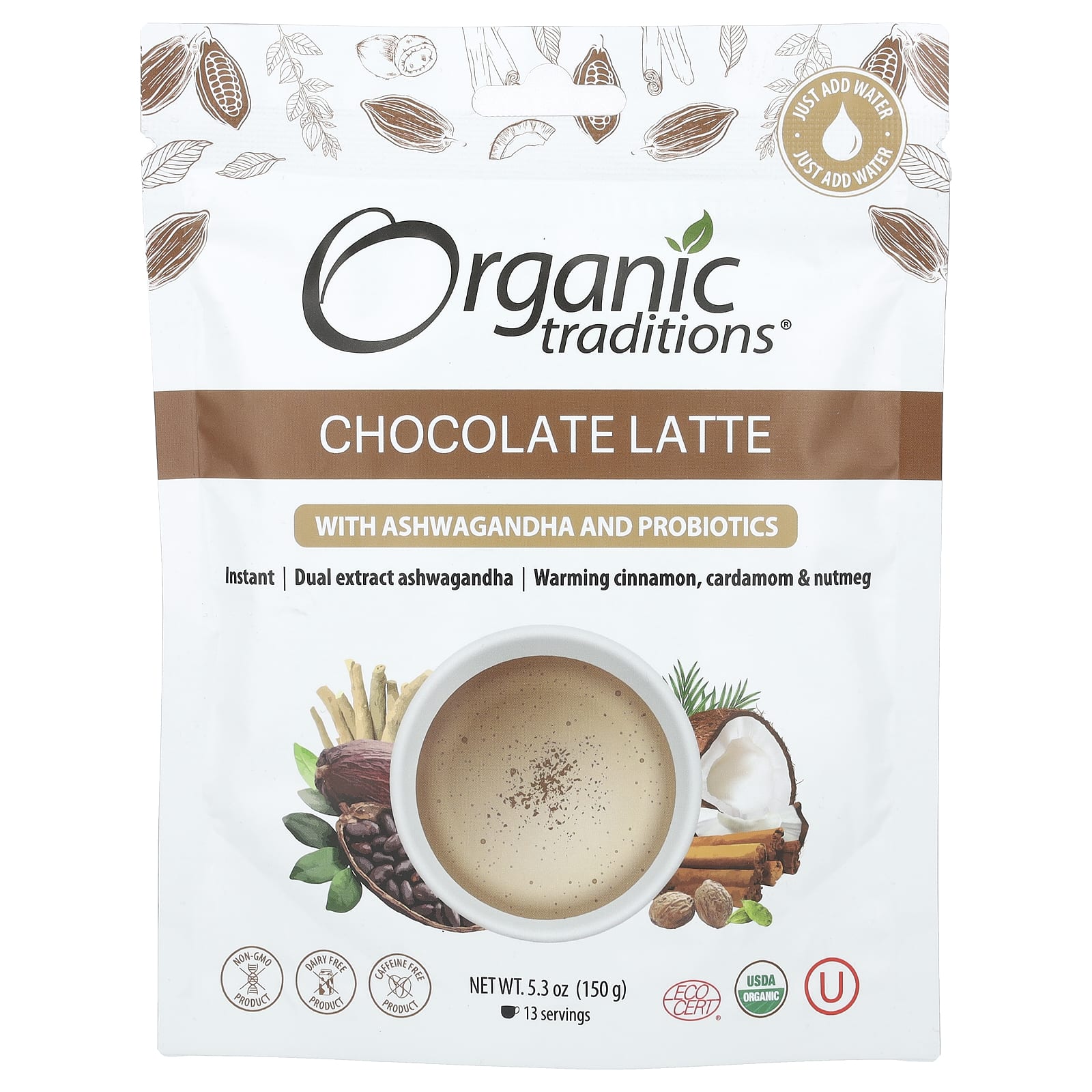 Organic Traditions Шоколадный латте с ашвагандой и пробиотиками 150 г 53 унции 2290₽