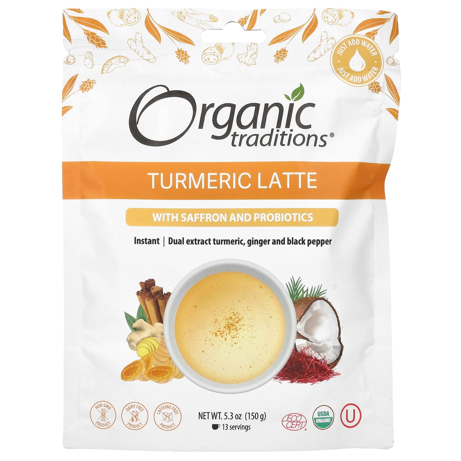 Organic Traditions Латте из куркумы с шафраном и пробиотиками 150 г 53 унции 2290₽