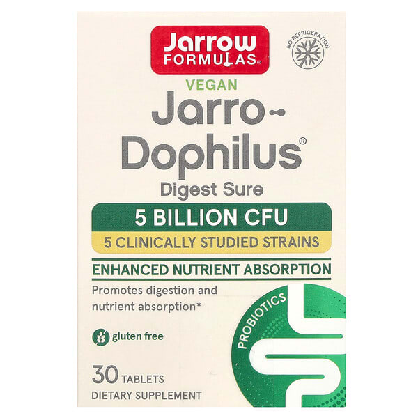 Jarrow Formulas, Vegan Jarro-Dophilus, Digest Sure, 5 млрд КОЕ, 30 таблеток