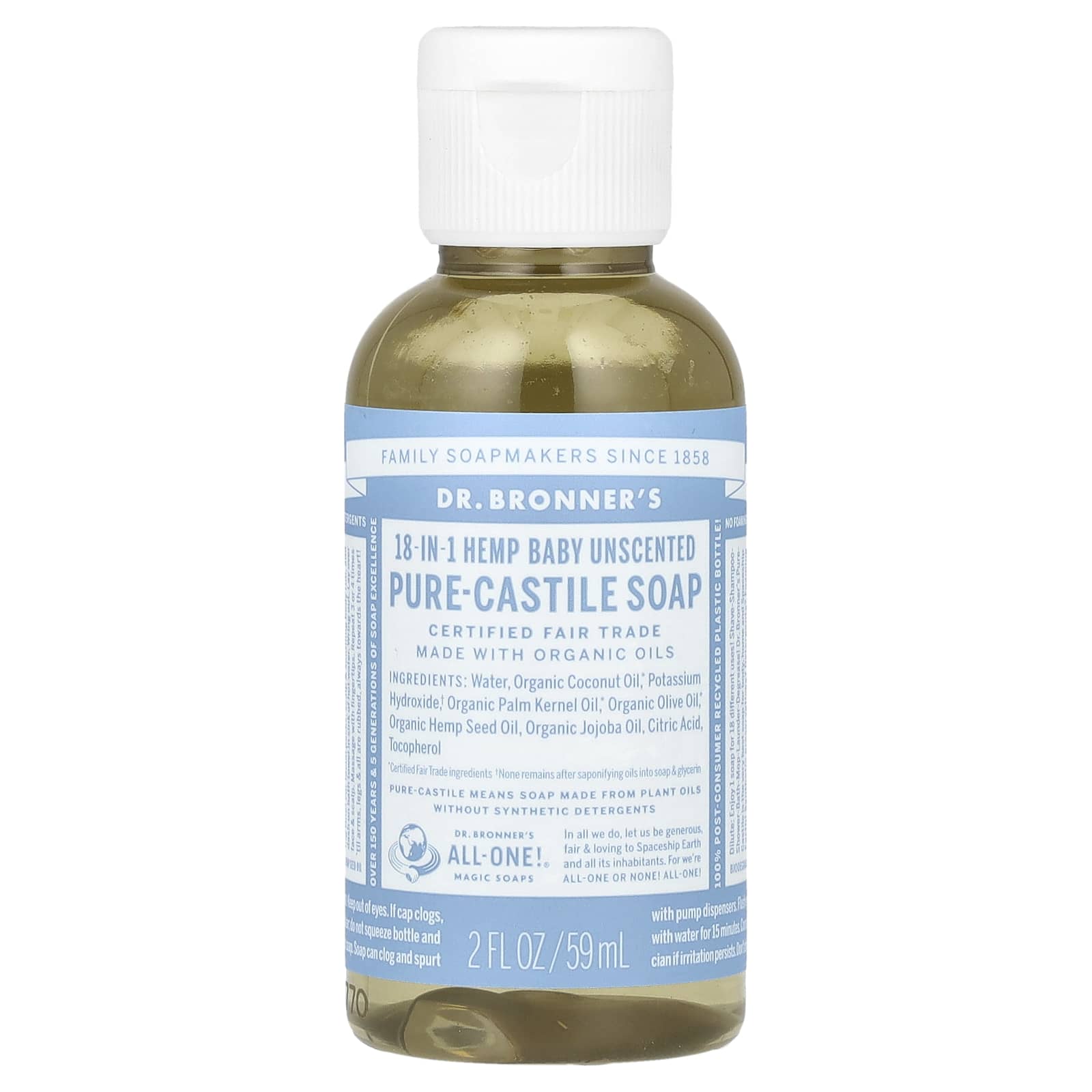 Dr. Bronner's, Чистое кастильское мыло из конопли 18-в-1, детское без запаха, 59 мл (2 жидк. Унции)