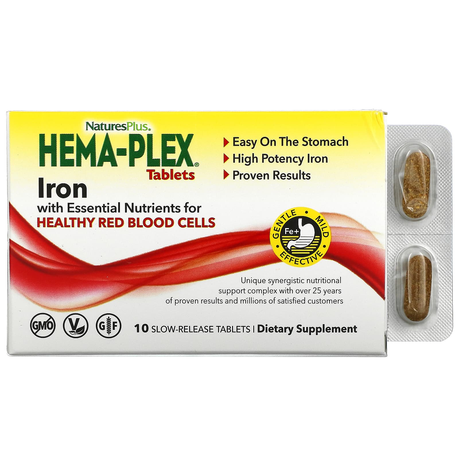 NaturesPlus Hema-Plex железо с незаменимыми питательными веществами для здоровых эритроцитов 10 таблеток с замедленным высвобождением 1790₽