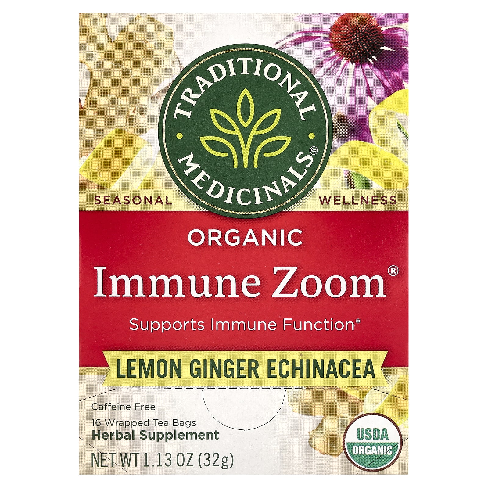 Traditional Medicinals Organic Immune Zoom эхинацея с лимоном и имбирем без кофеина 16 чайных пакетиков в упаковке 32 г 113 унции 1790₽