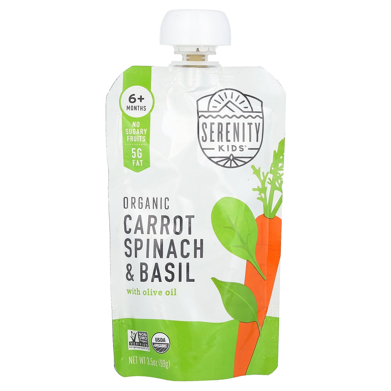 Serenity Kids, Органическая морковь, шпинат и базилик, от 6 месяцев, 99 г (3,5 унции)