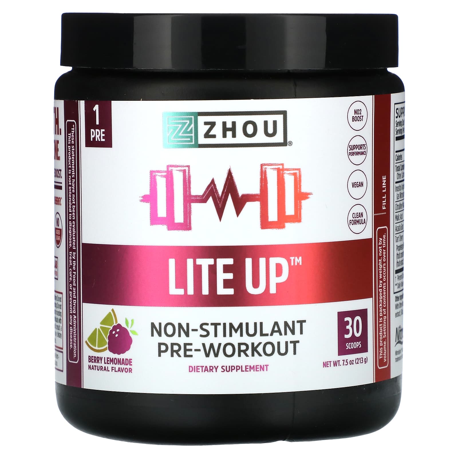 Zhou Nutrition Lite Up предтренировочный комплекс без стимуляторов ягодный лимонад 213 г 75 унции 5090₽