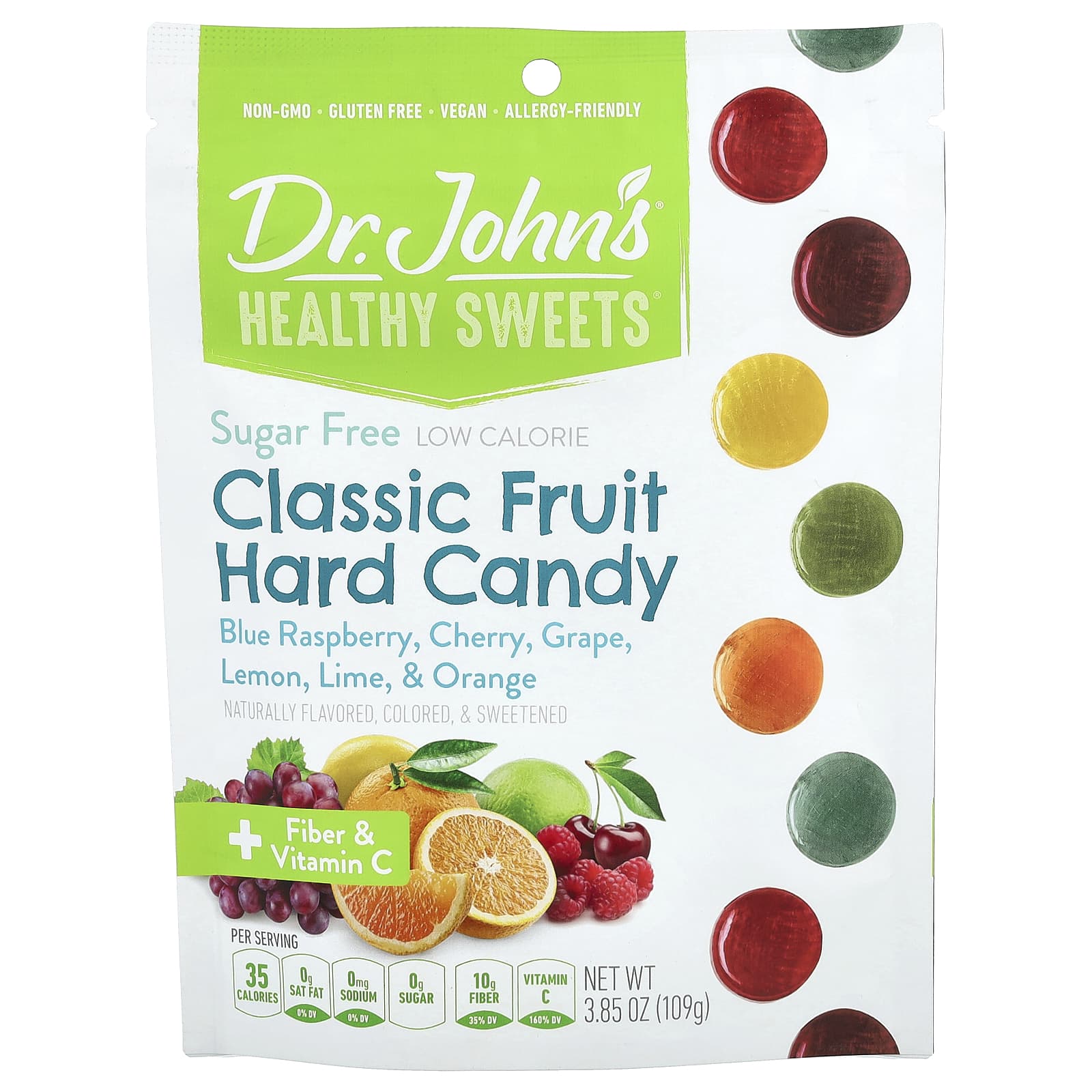 Dr Johns Healthy Sweets Classic Fruit Hard Candy голубая малина вишня виноград лимон лайм и апельсин 109 г 385 унции 2090₽