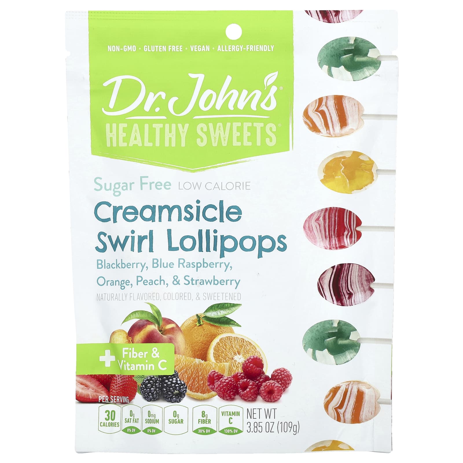 Dr Johns Healthy Sweets Леденцы на палочке Creamsicle Swirl клетчатка и витамин C ежевика голубая малина апельсин персик и клубника без сахара 109 г 385 унции 2090₽