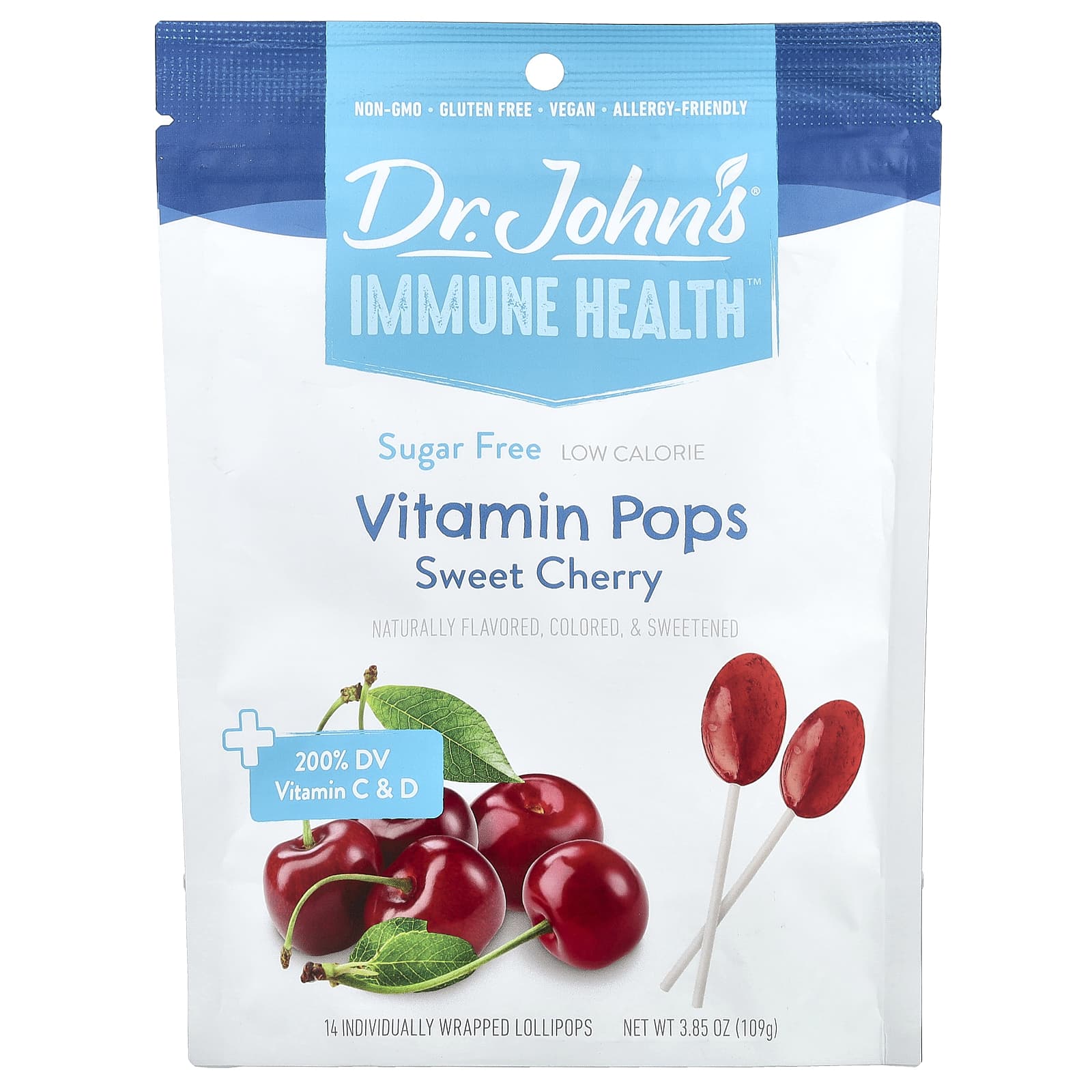 Dr Johns Healthy Sweets Immune Health леденцы со вкусом леденцов 200 суточной нормы витаминов C и D черешня без сахара 14 леденцов на палочке в индивидуальной упаковке 109 г 385 унции 2090₽