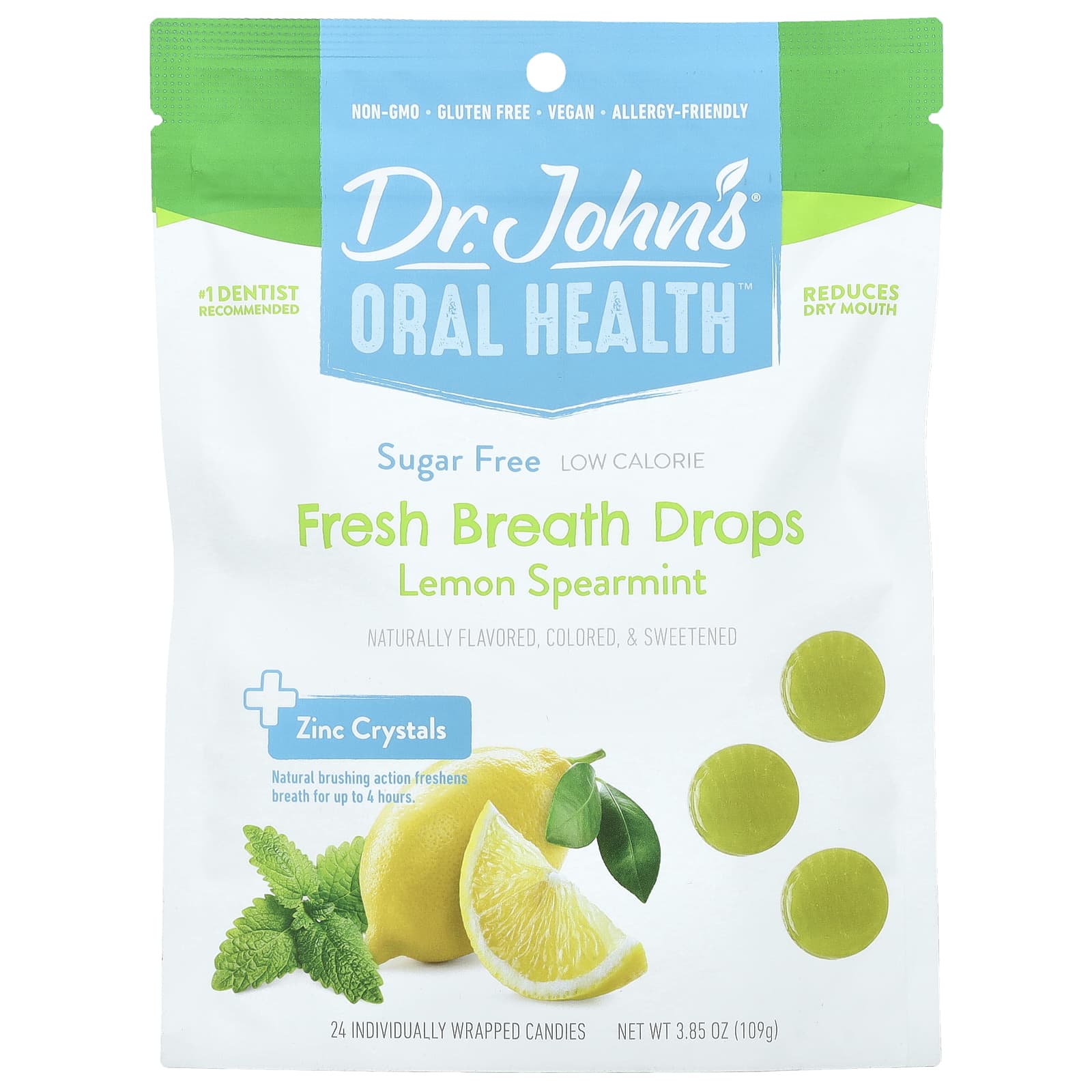 Dr Johns Healthy Sweets Oral Health капли для свежего дыхания кристаллы цинка лимон и мята без сахара 24 конфеты в индивидуальной упаковке 109 г 385 унции 2890₽