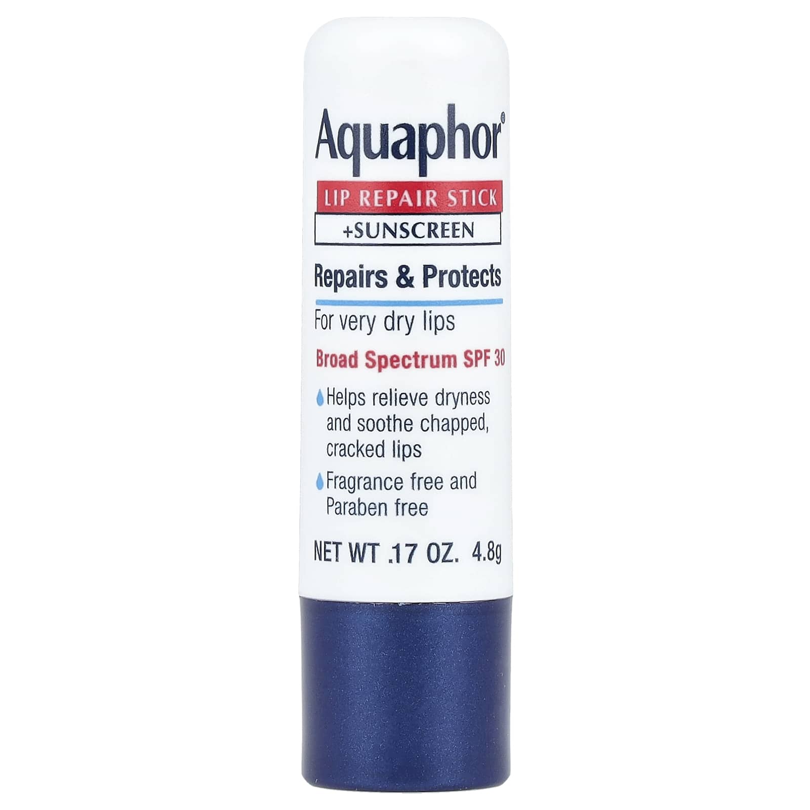 Aquaphor, Стик для восстановления губ + солнцезащитный крем, SPF 30, без отдушек, 4,8 г (0,17 унции)