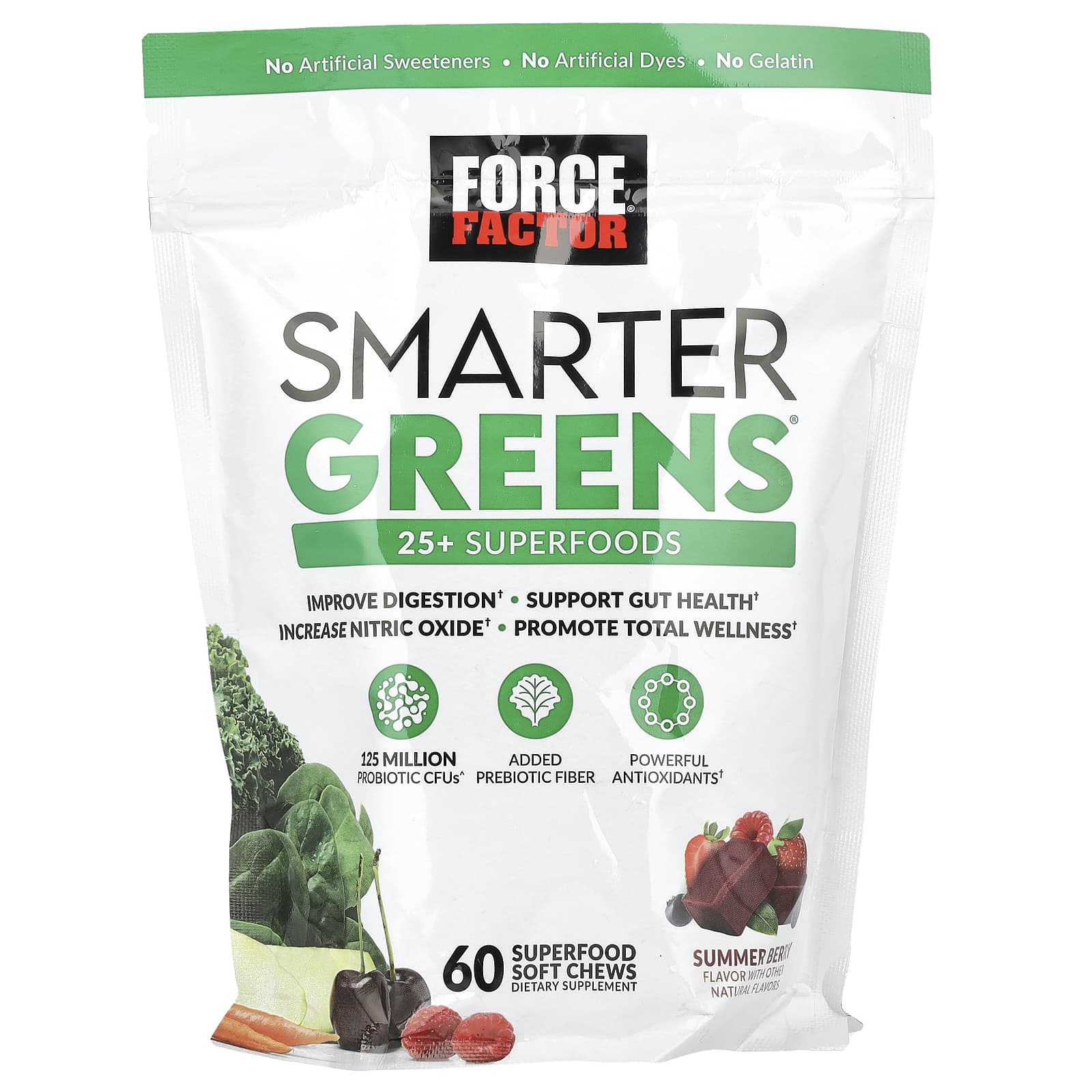 Force Factor, Smarter Greens, летние ягоды, 60 жевательных таблеток