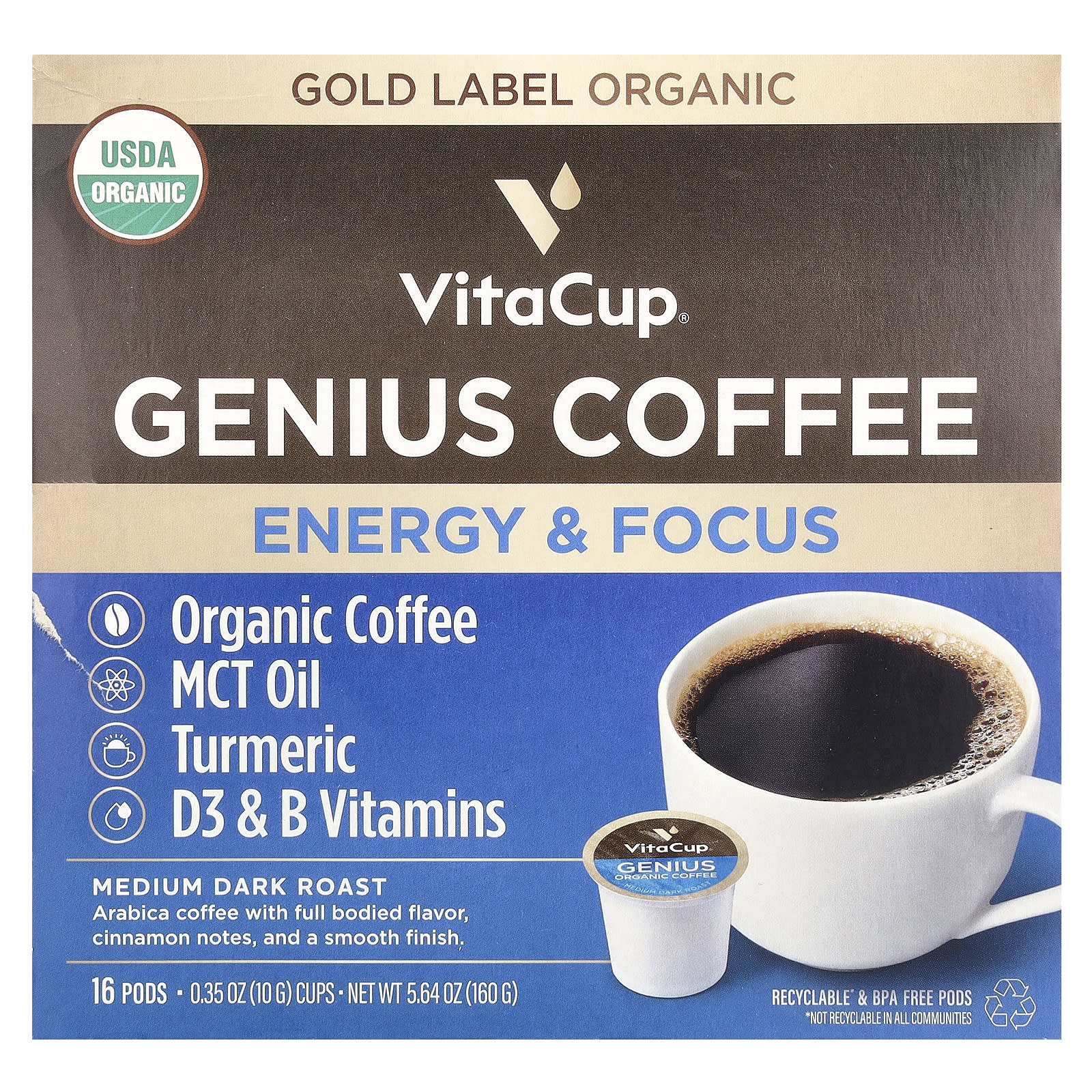 VitaCup, Genius Coffee, средней темной обжарки, 16 капсул по 10 г (0,35 унции)