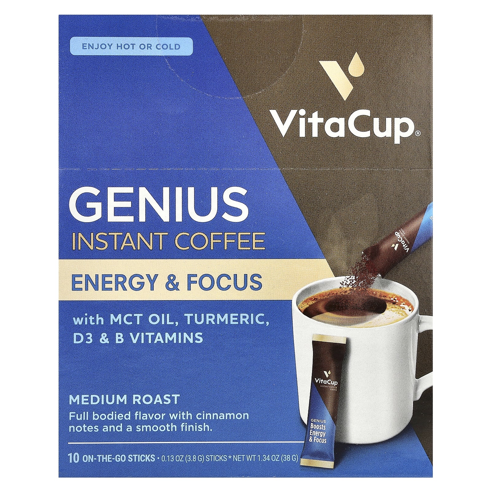 VitaCup, Растворимый кофе Genius, средней обжарки, 10 палочек для еды, по 3,8 г (0,13 унции)
