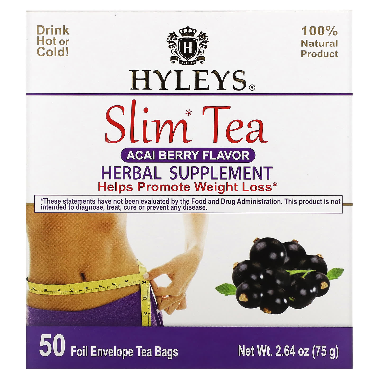 Hyleys Tea, Slim Tea, ягоды асаи, чайные пакетики в 50 фольгированных пакетиках, 75 г (2,64 унции)