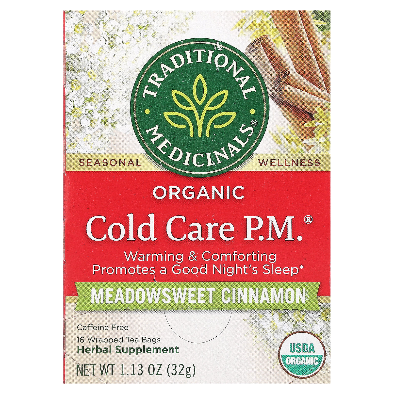 Traditional Medicinals Organic Cold Care PM таволга и корица без кофеина 16 чайных пакетиков в упаковке 32 г 113 унции 1690₽