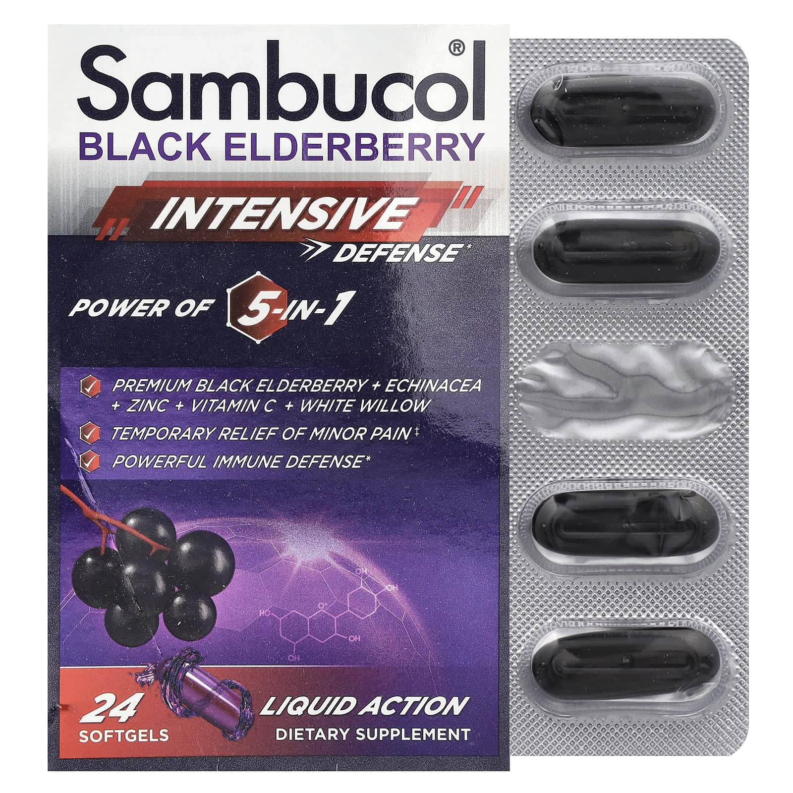 Sambucol, Черная бузина, интенсивная защита, средство 5 в 1, 24 капсулы