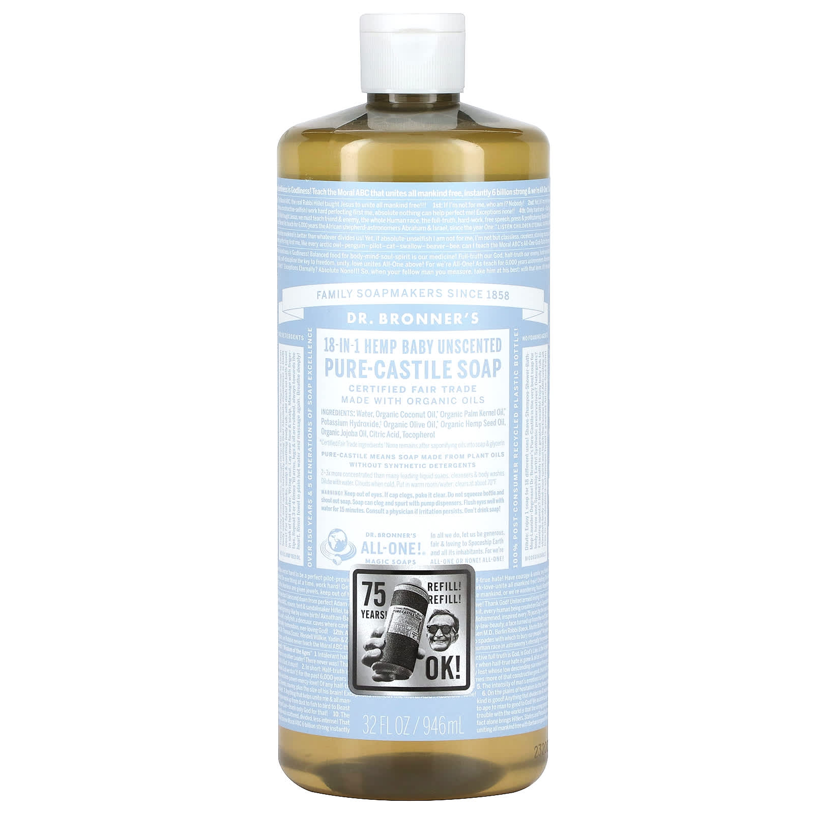 Dr. Bronner's, Чистое кастильское мыло из конопли 18-в-1, детское без запаха, 946 мл (32 жидк. Унции)