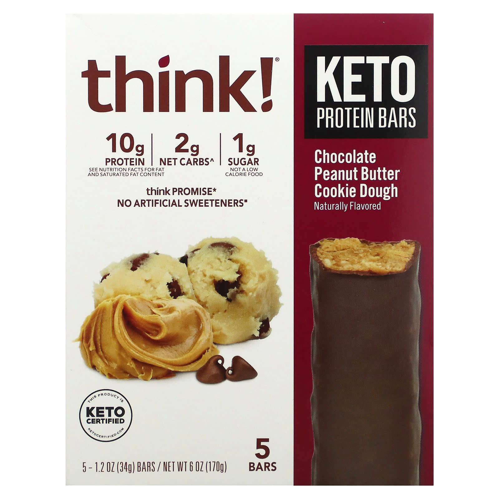 Think Keto Protein Bars шоколадное печенье с арахисовым маслом 5 батончиков 34 г 12 унции 2090₽