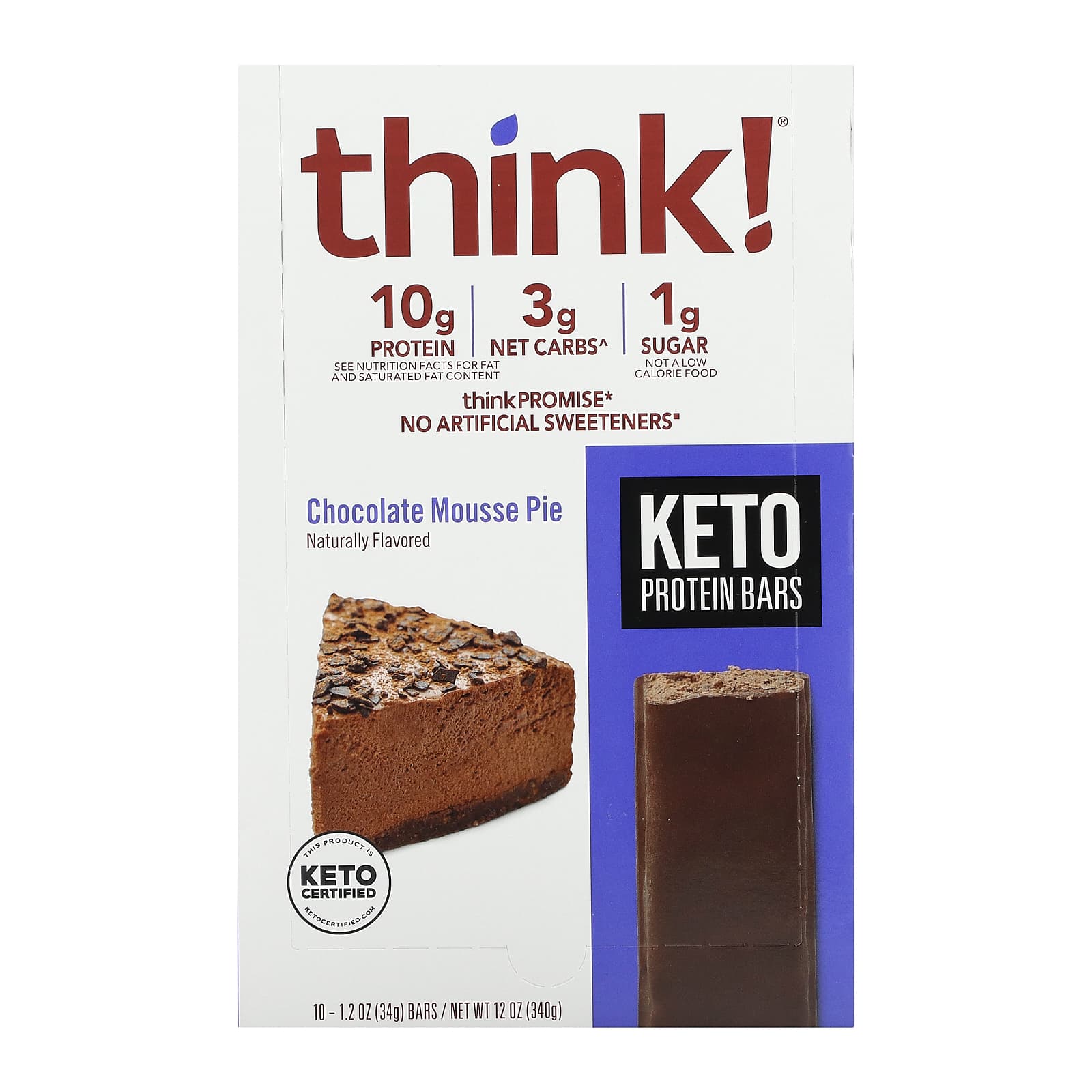 Think Keto Protein Bars шоколадный муссовый пирог 10 батончиков по 34 г 12 унции 4290₽