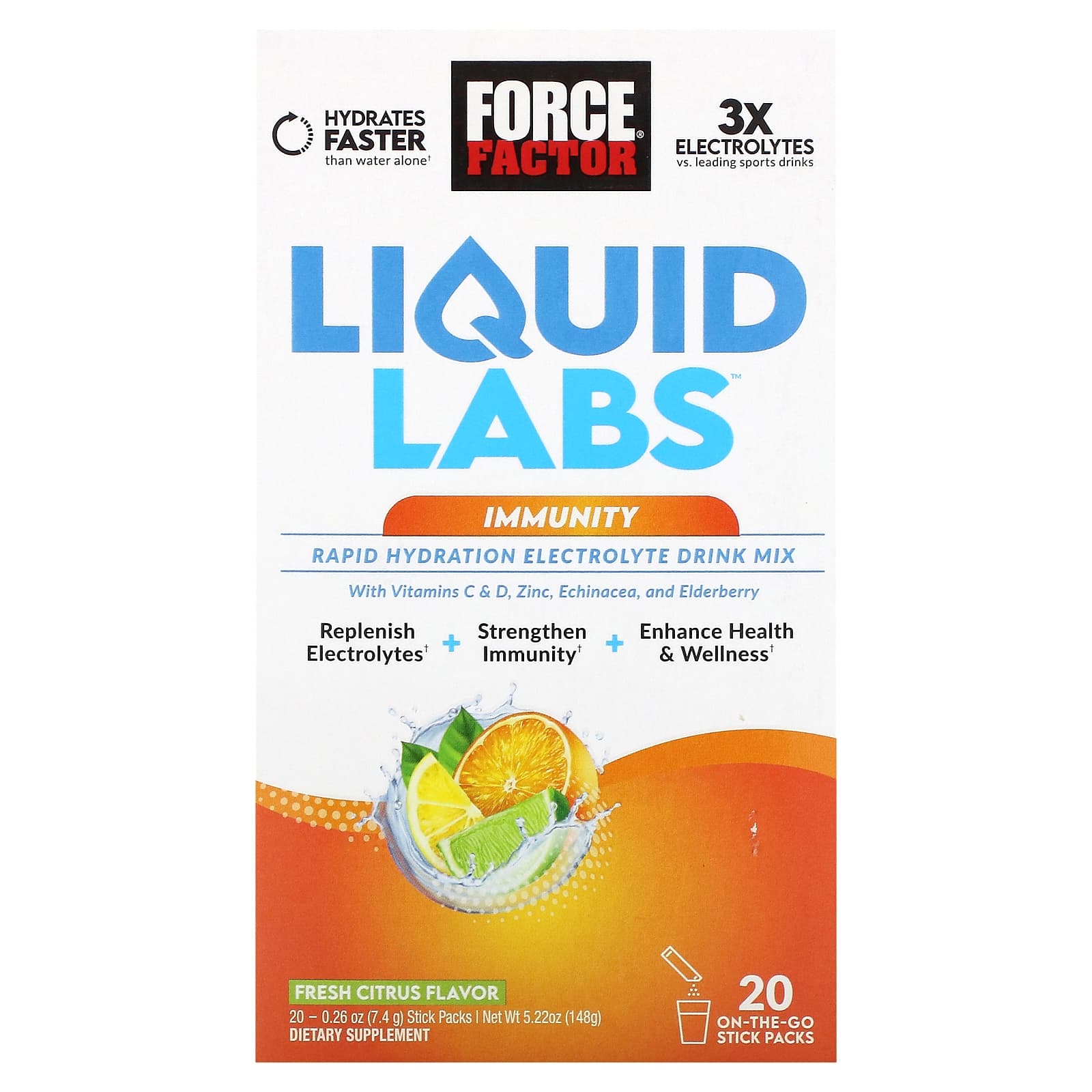 Force Factor Liquid Labs Immunity цитрусовые 20 пакетиков по 74 г 026 унции 2790₽