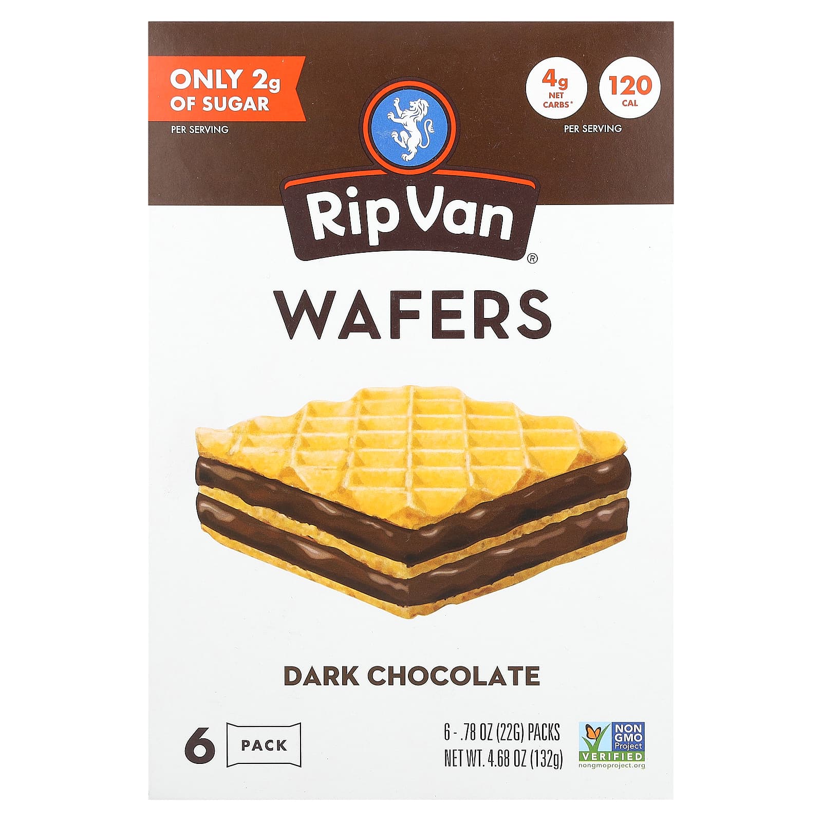 Rip Van Wafels, вафли, темный шоколад, 6 упаковок по 22 г (0,78 унции)